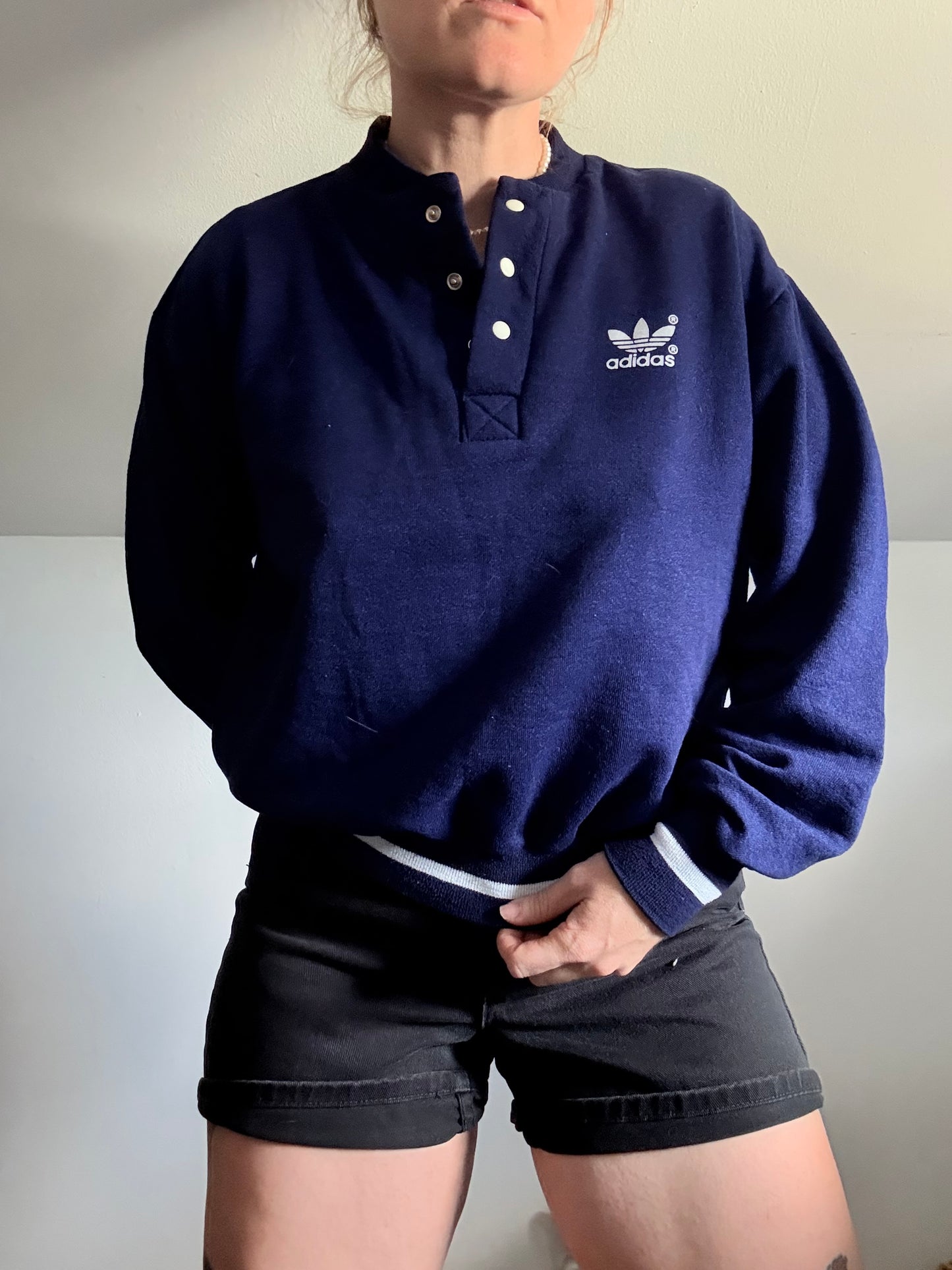 1980s ADIDAS Blue Quarter Button Sweat Shirt