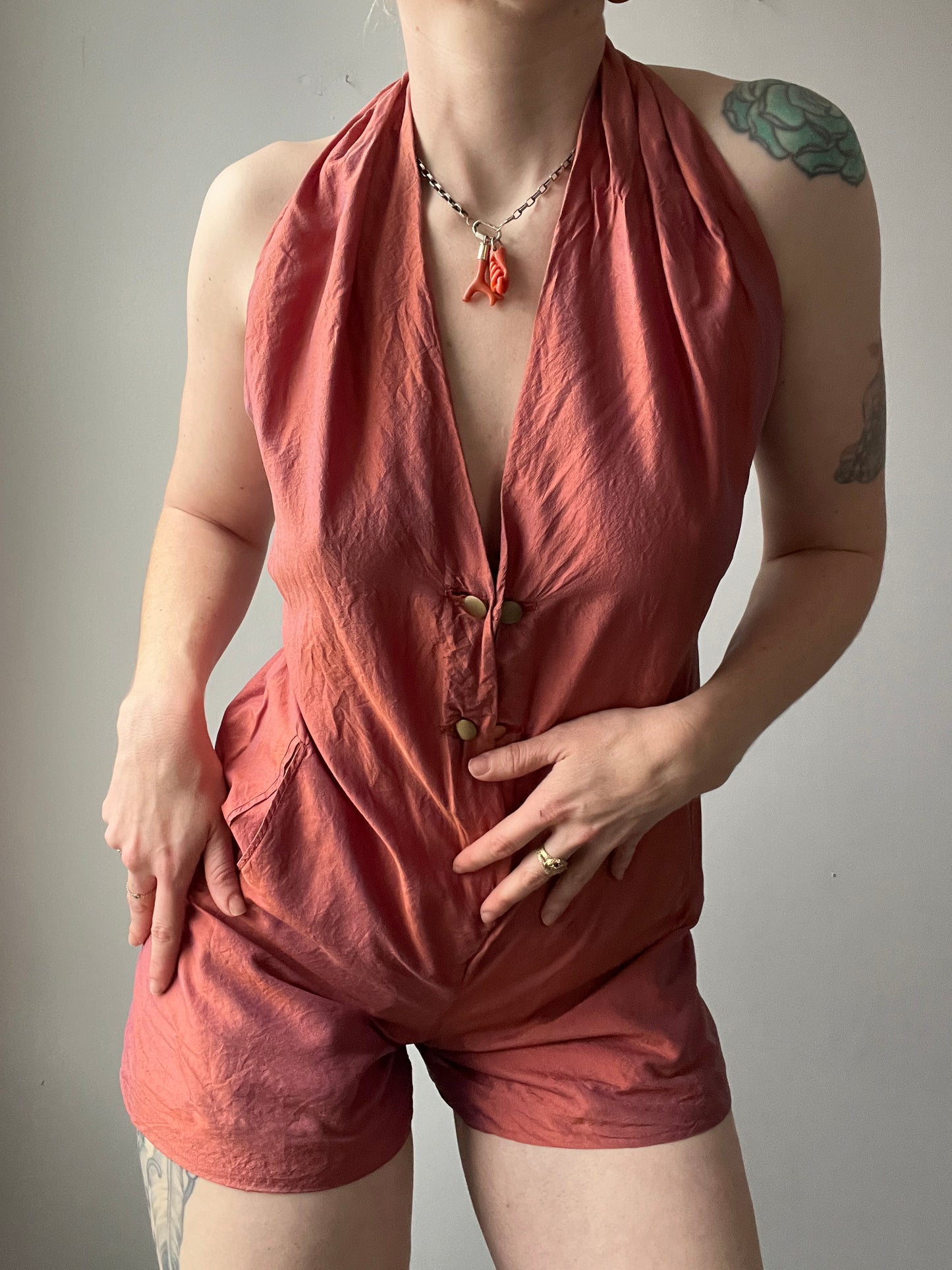 1980s Rayon or Silk Shamask Iridescent Romper