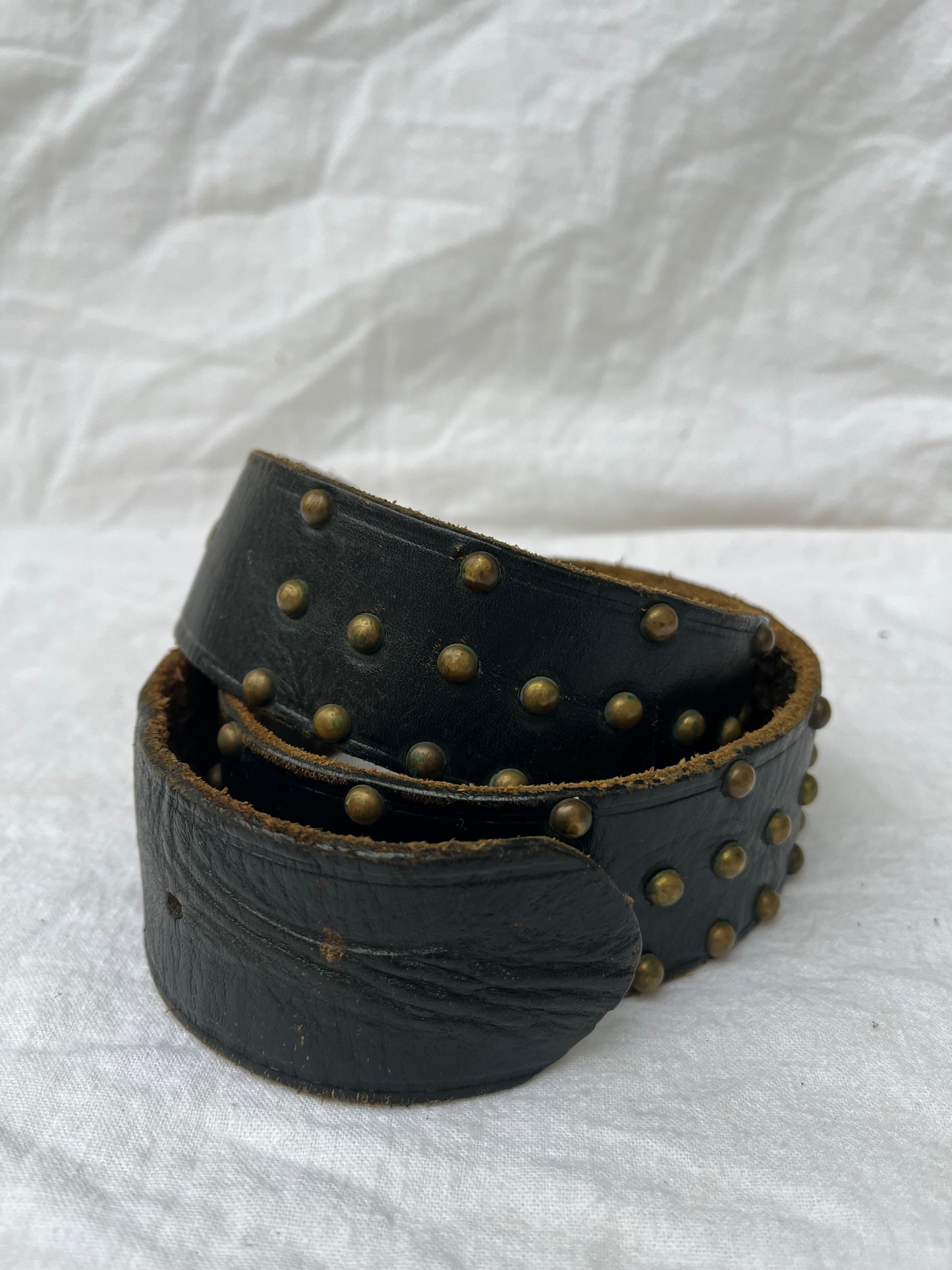 Black Leather Belt with Brass Studs 27”-32”