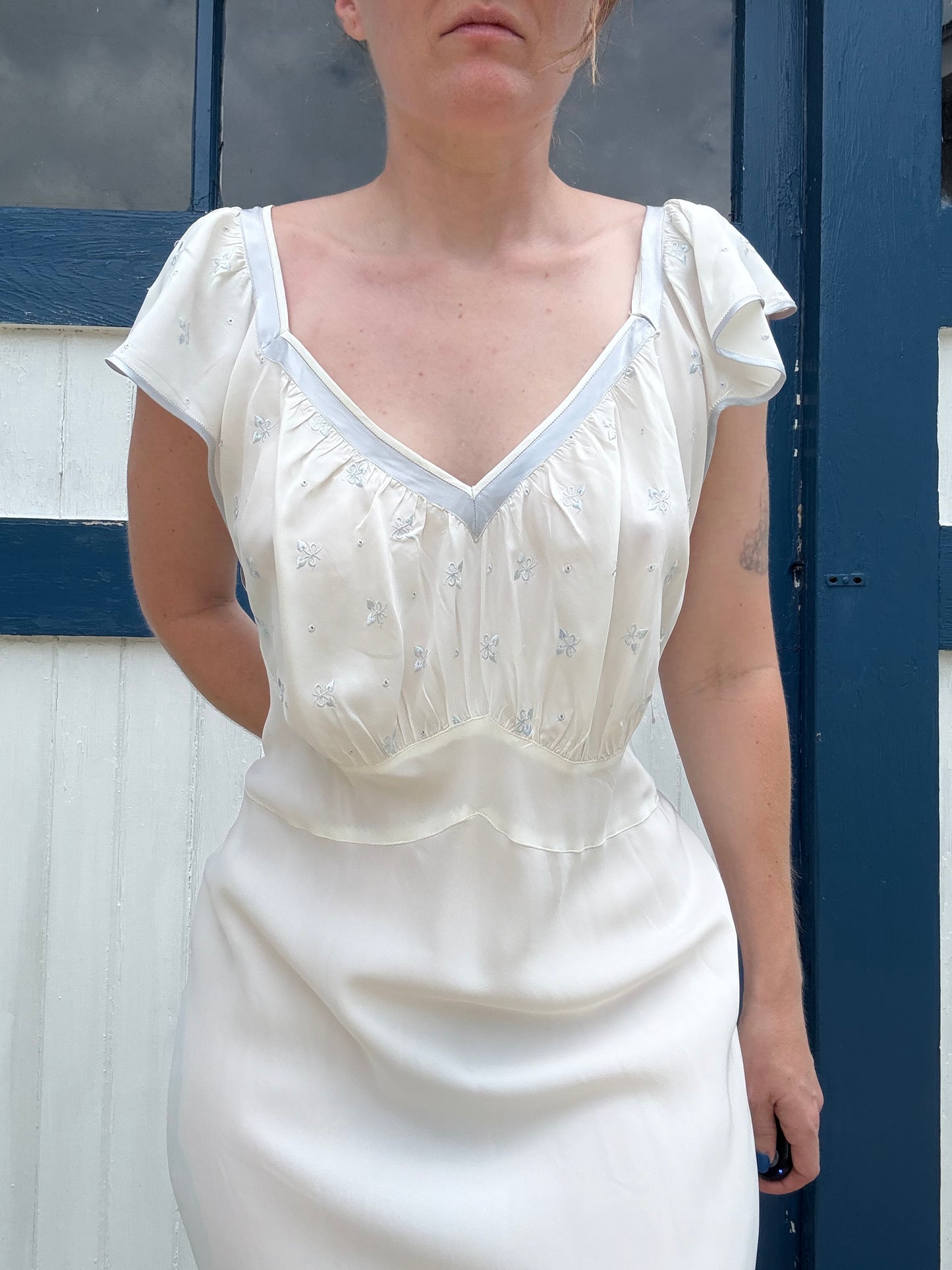 1940s 100% Rayon White & Light Blue Slip Dress L/XL