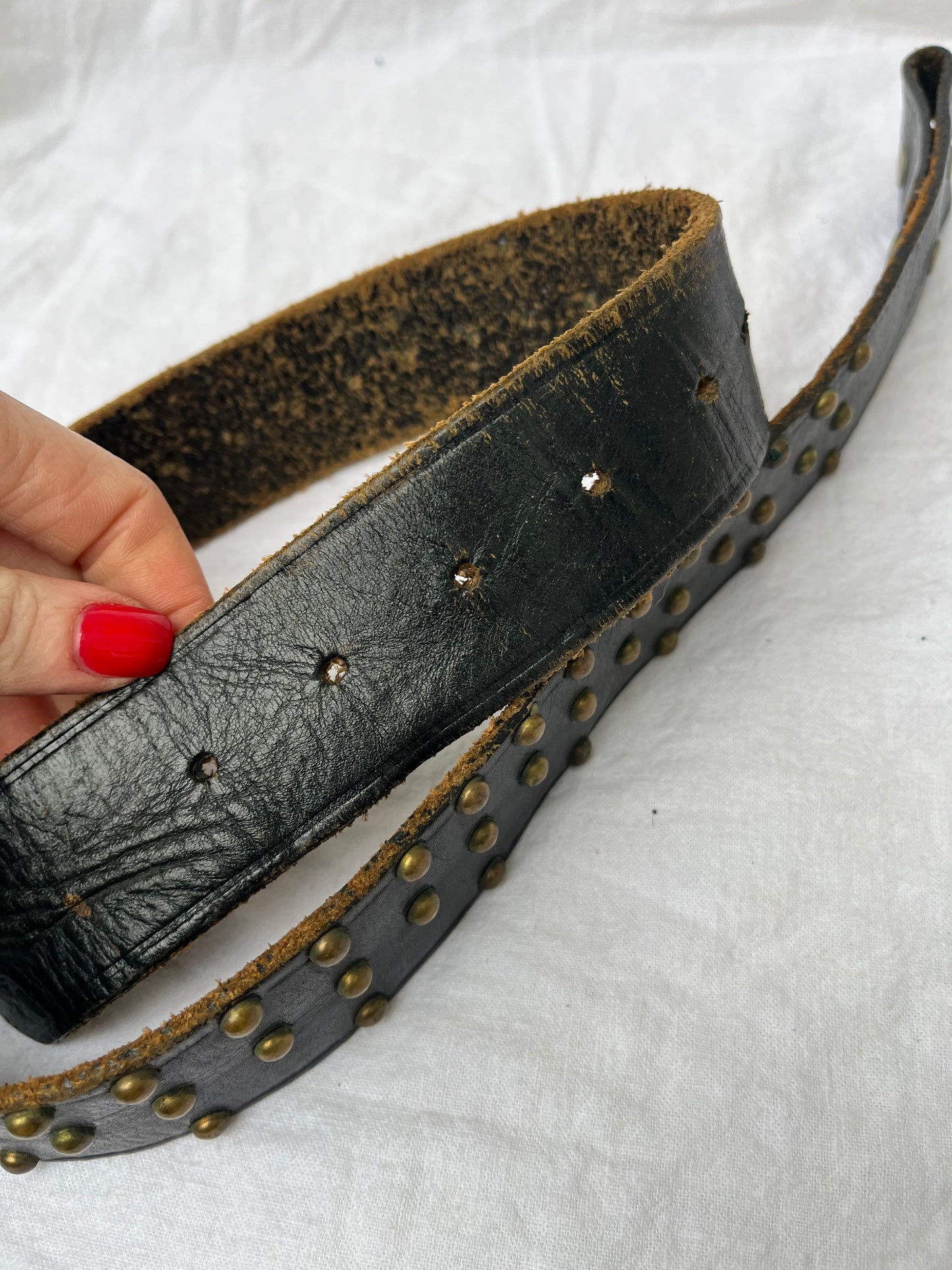 Black Leather Belt with Brass Studs 27”-32”