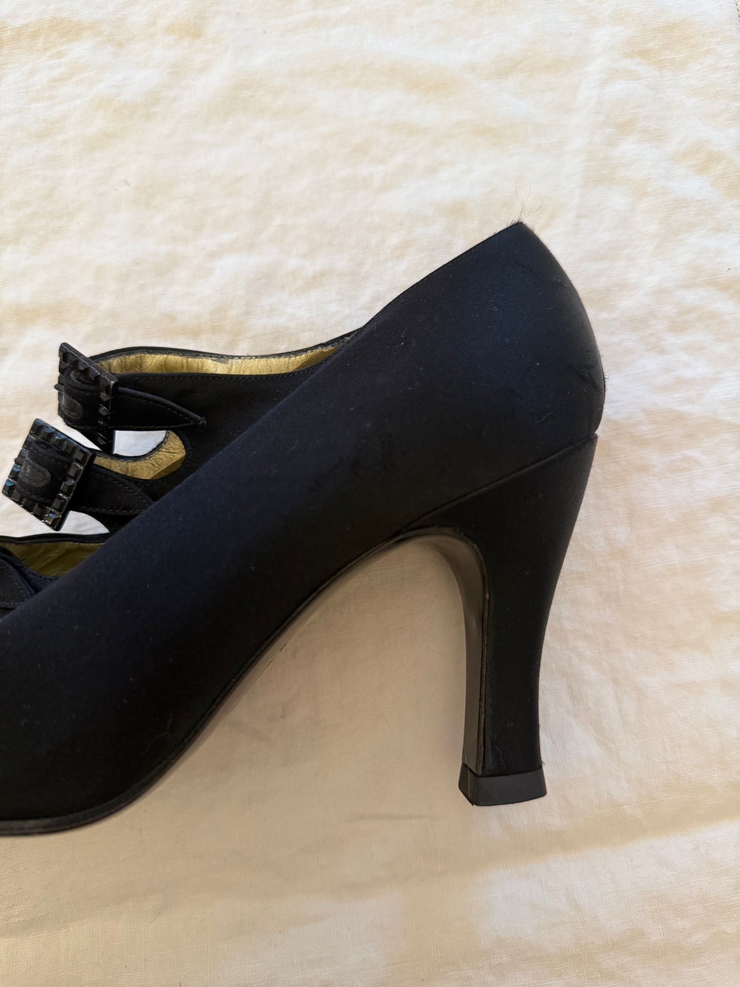 1980s Bottega Veneta Black Silk Pumps 7.5
