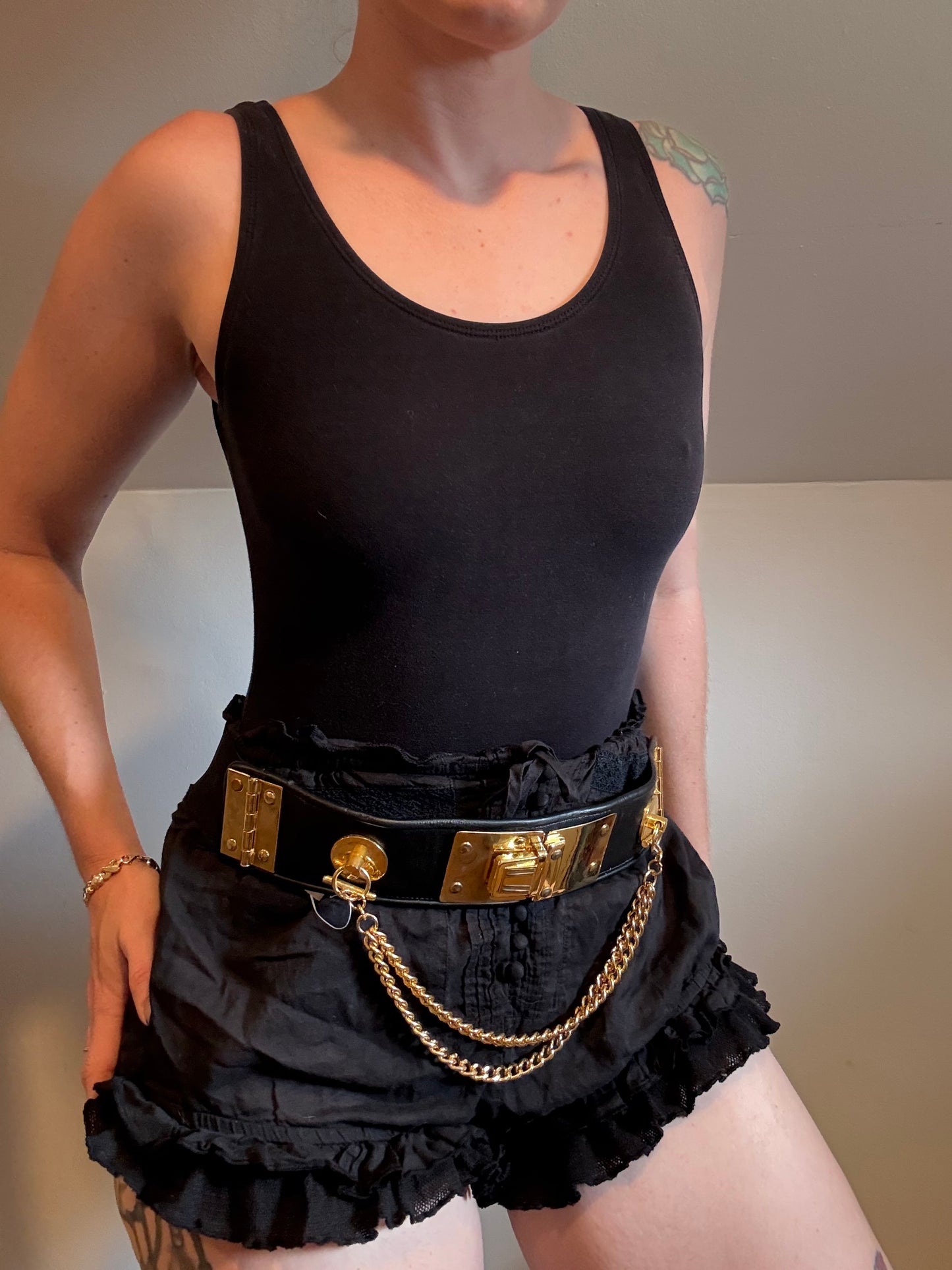 Black Leather & Gold Chain Belt