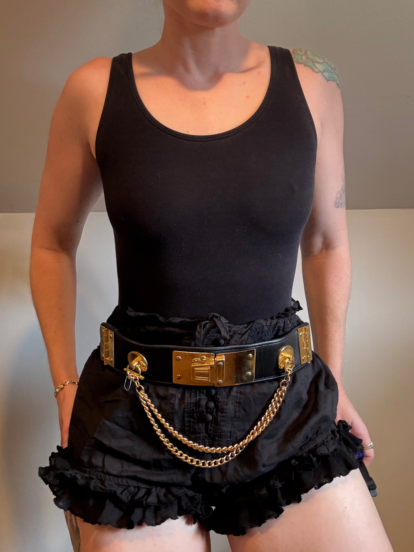 Black Leather & Gold Chain Belt