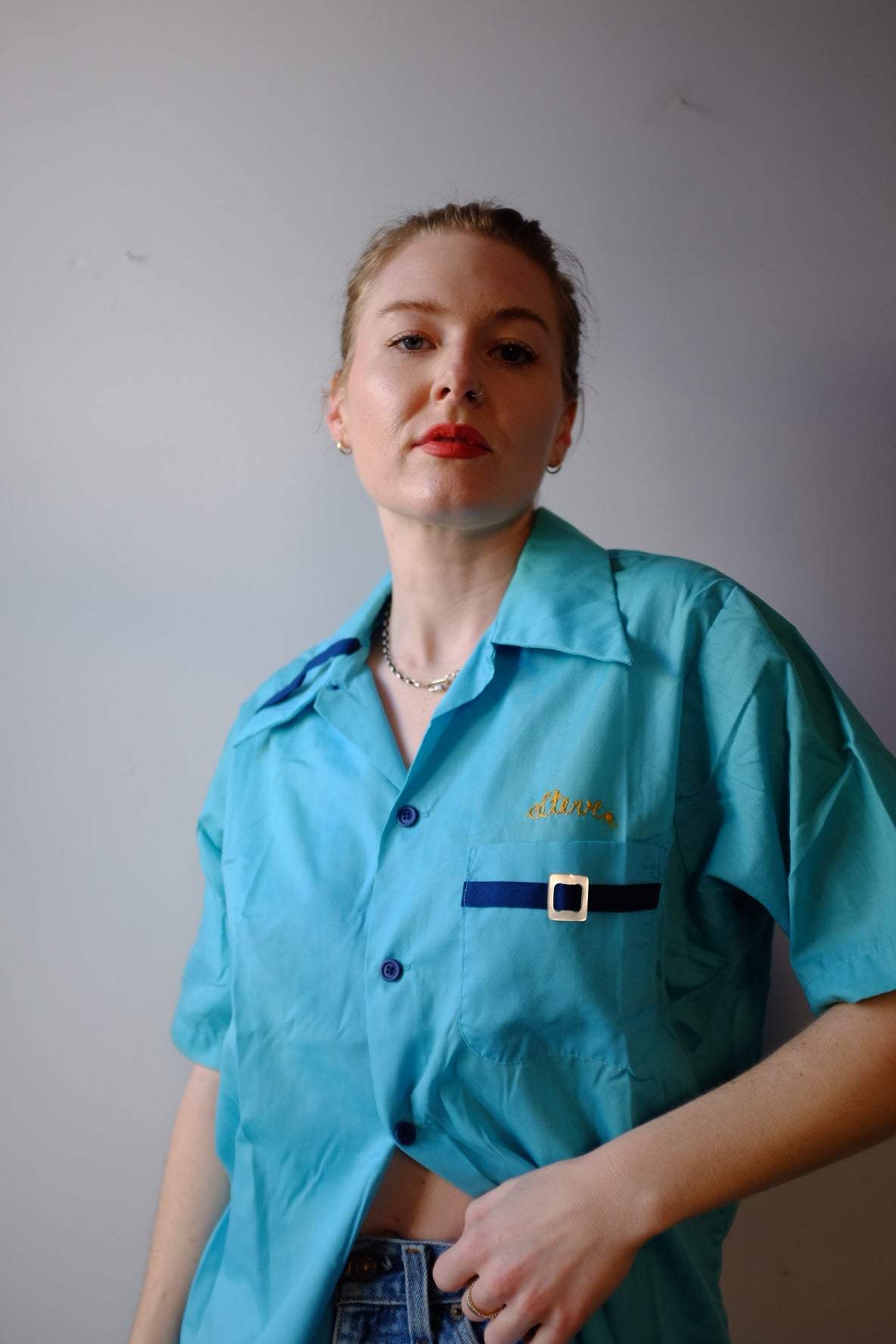 1970s Turquoise Bowling Button Up L