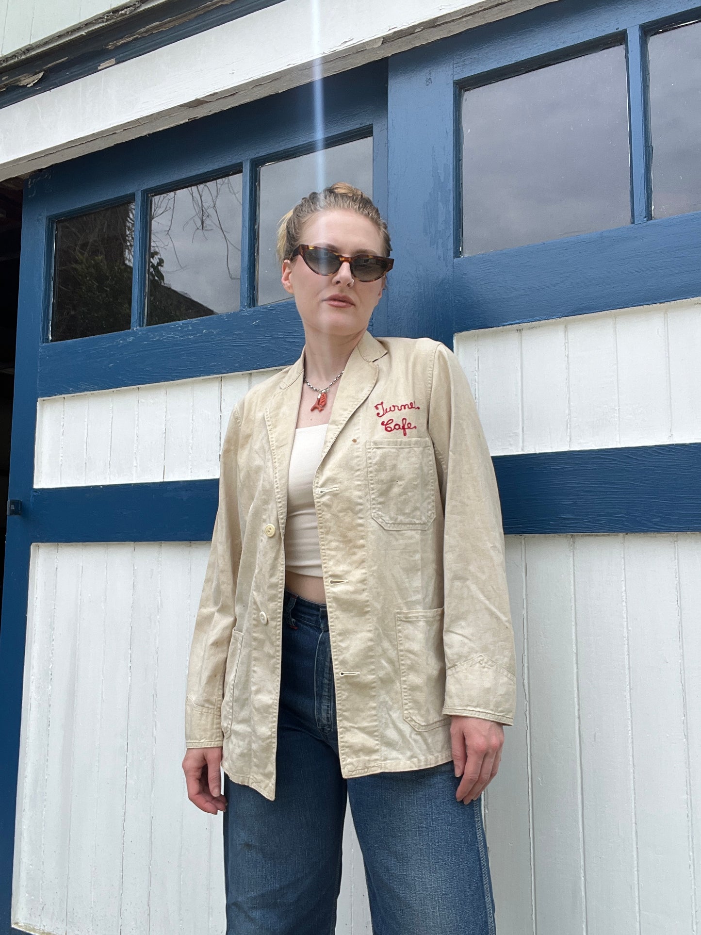 Antique 1930s Linen Button Up Jacket Chainstitched