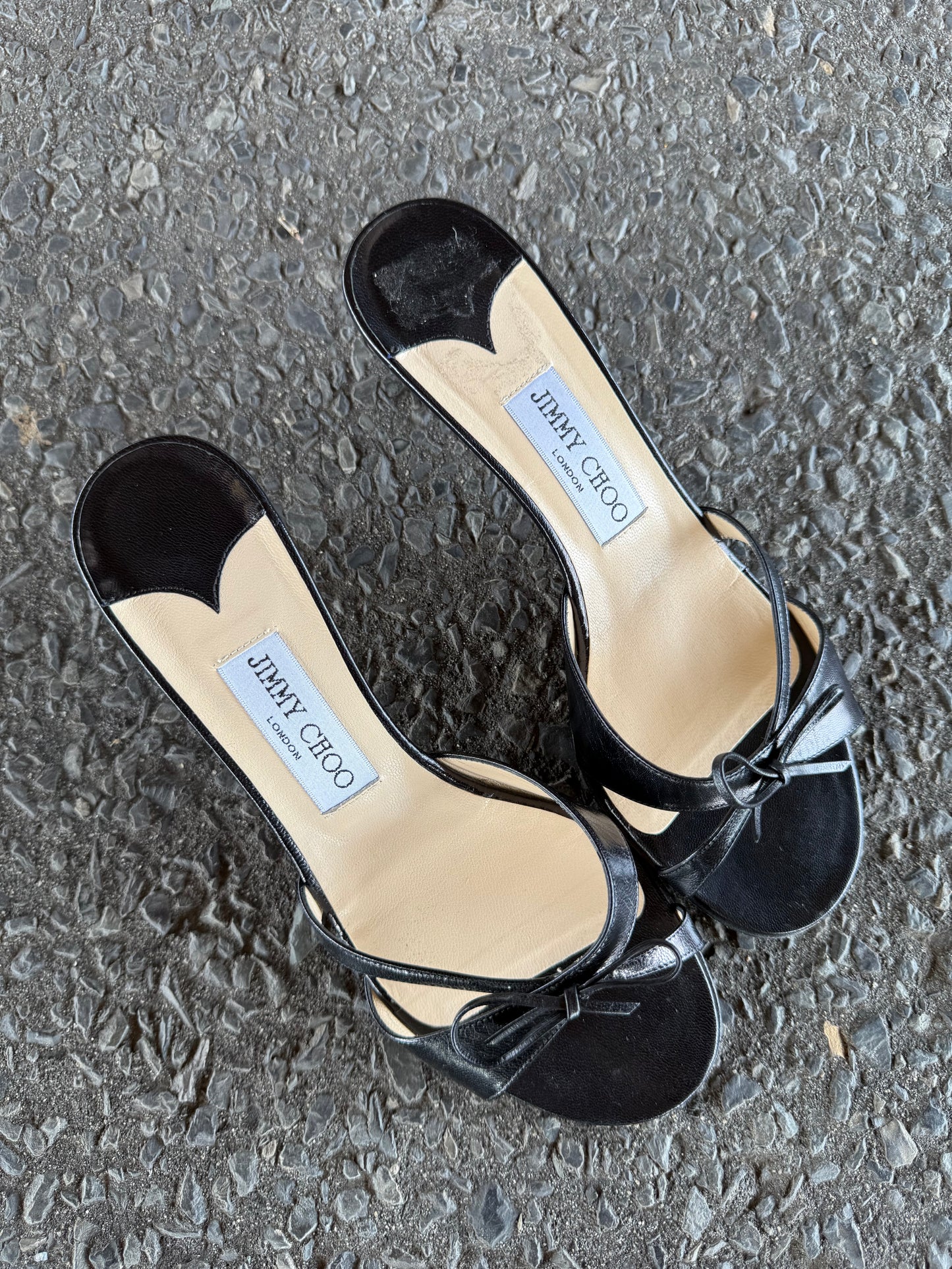 Jimmy Choo Black Leather Kitten Heels with Bow 37.5 & Silk and Wooden Vintage Heels 9