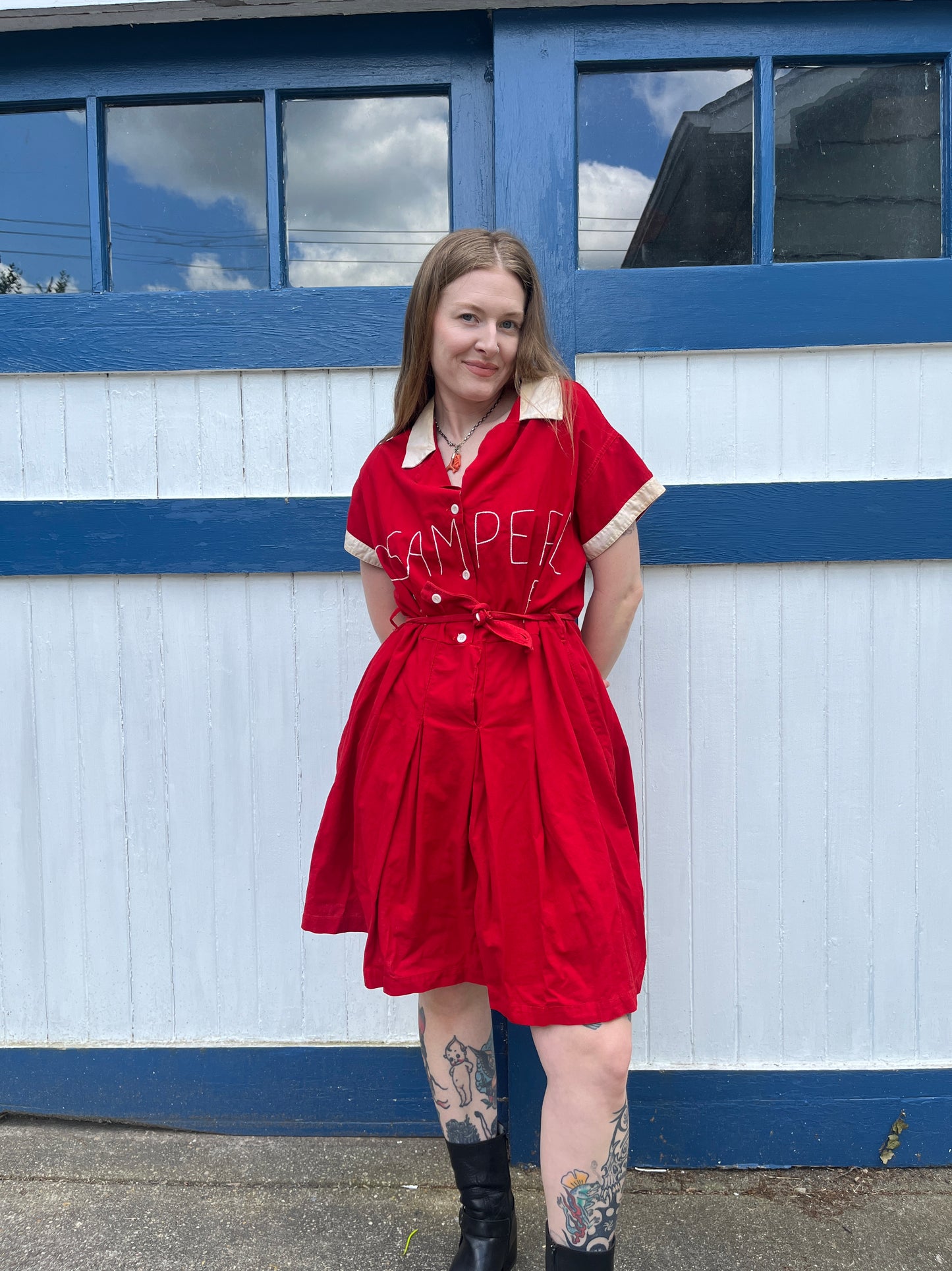 Vintage 1940s Red Cotton Embroidered Gym Romper with Shorts XL