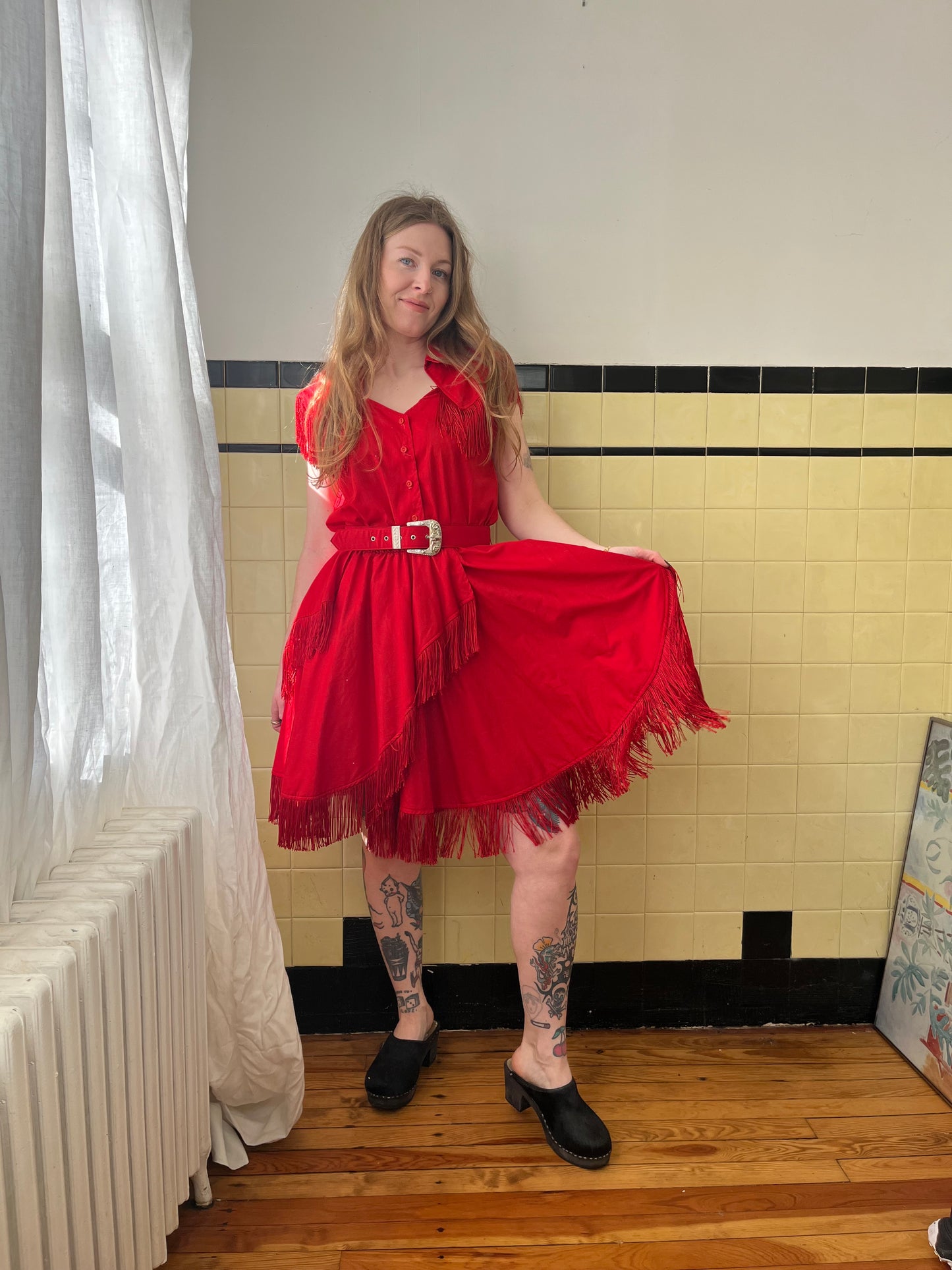 1980s Red Fringe Cowgirl Dress