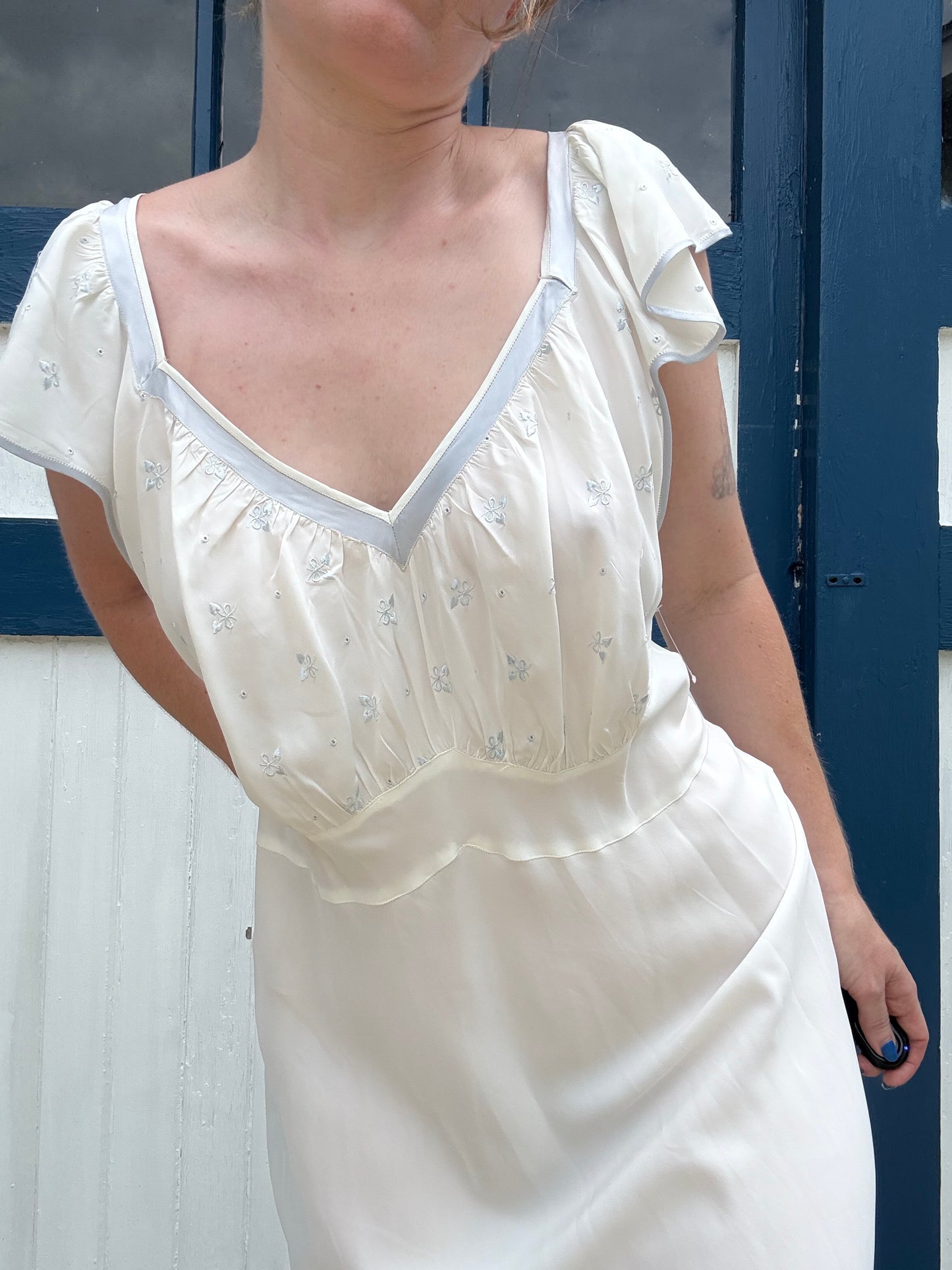 1940s 100% Rayon White & Light Blue Slip Dress L/XL