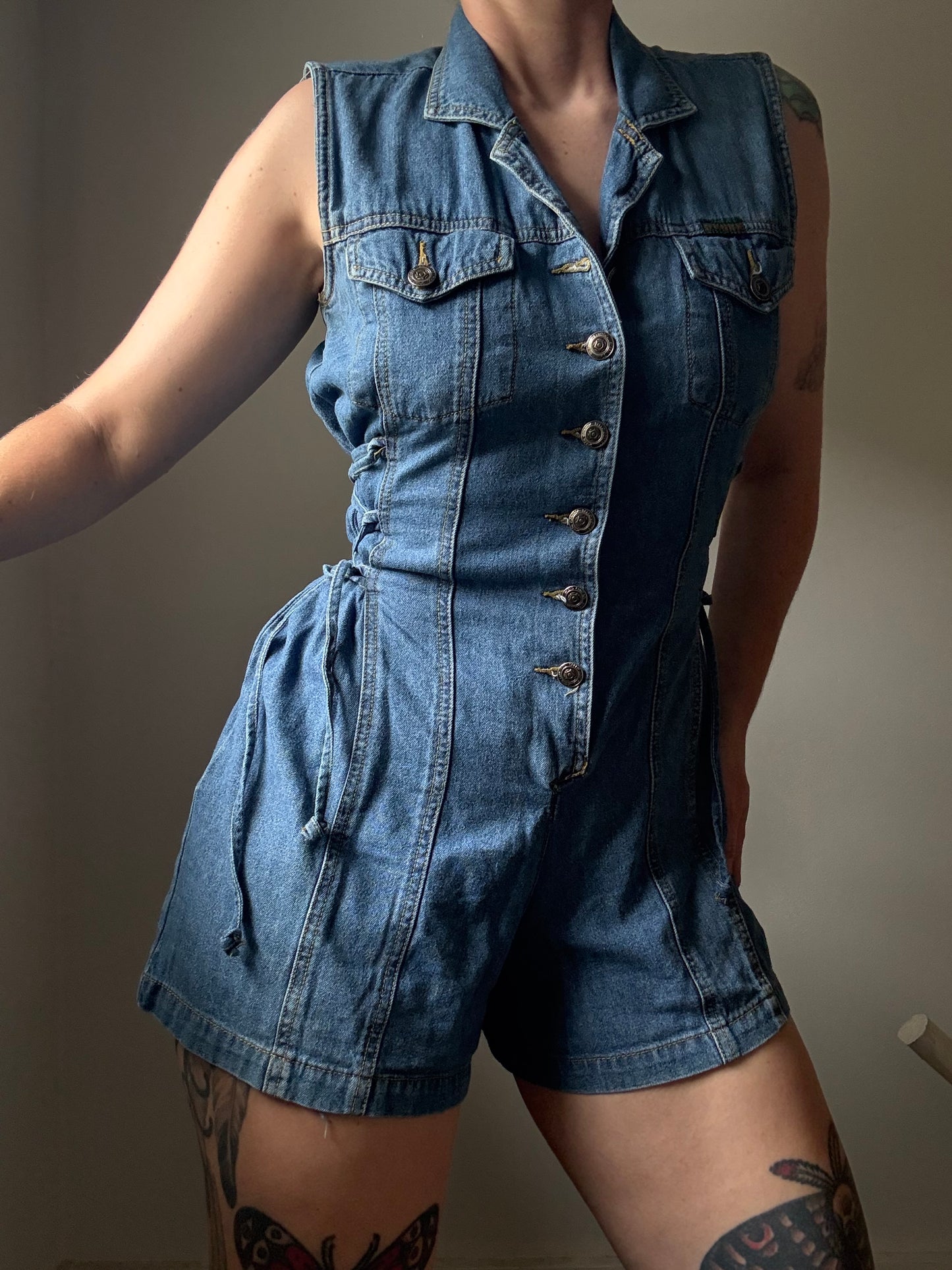 1990s Denim Romper with Corset Sides