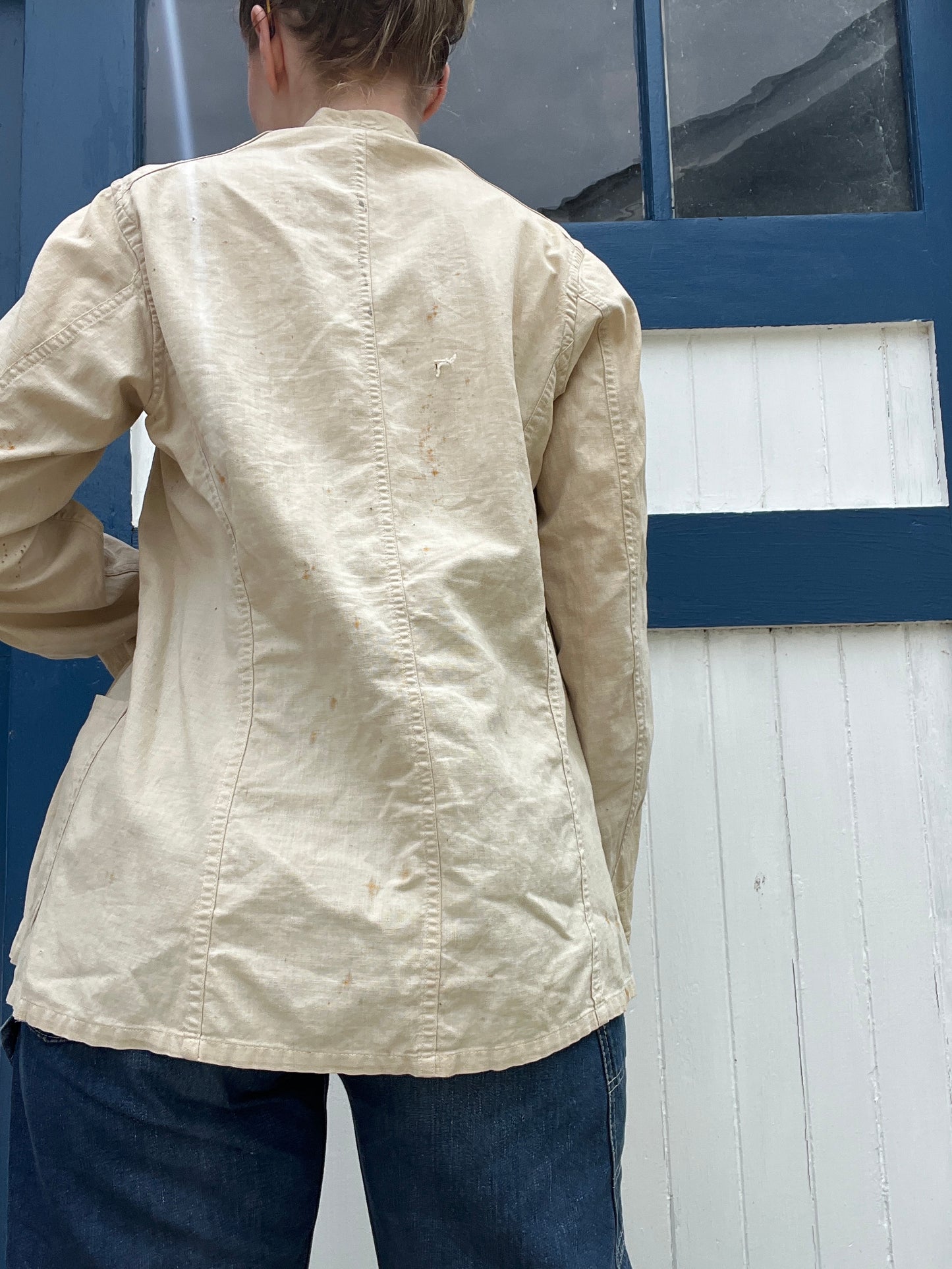 Antique 1930s Linen Button Up Jacket Chainstitched