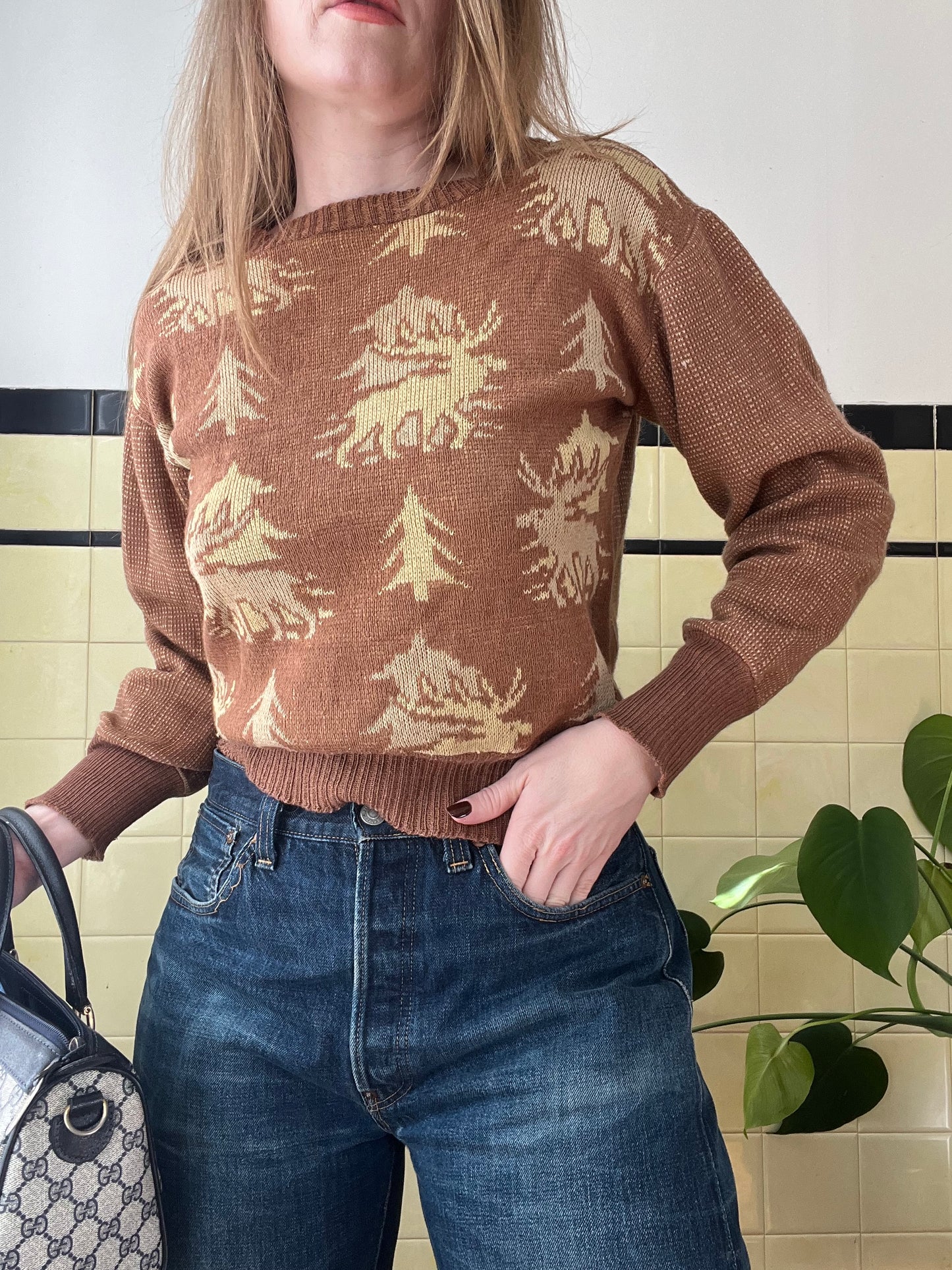 1960's Brown Deer and Tree Knit Sweater