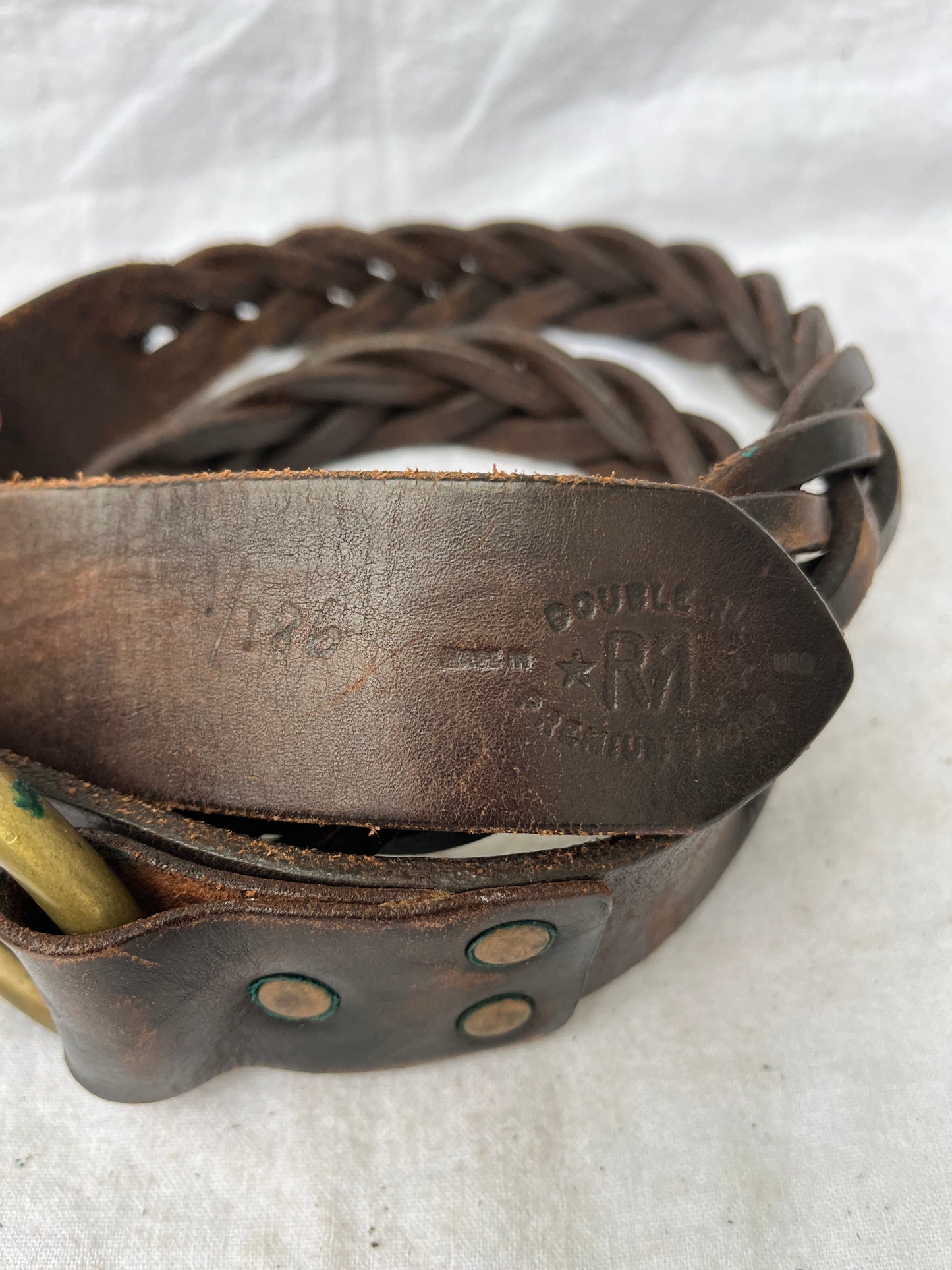 Double RL Ralph Lauren Brown Leather Braided Ring Belt 30”-40”