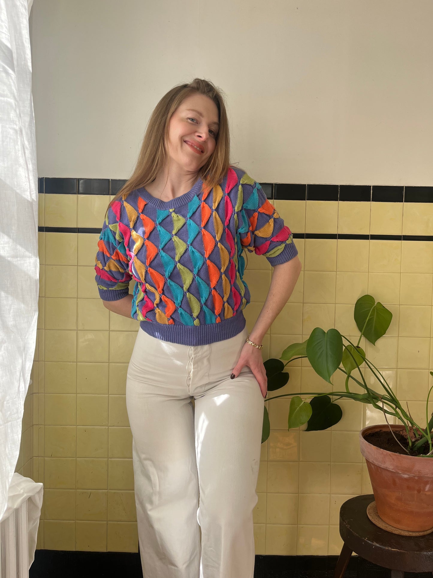 1960's Gil Aimbez Multi Colored Knit Short Sleeve Sweater
