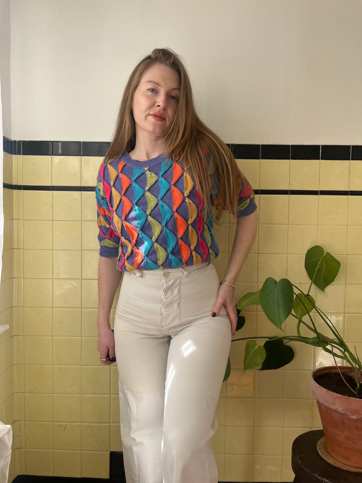 1960's Gil Aimbez Multi Colored Knit Short Sleeve Sweater