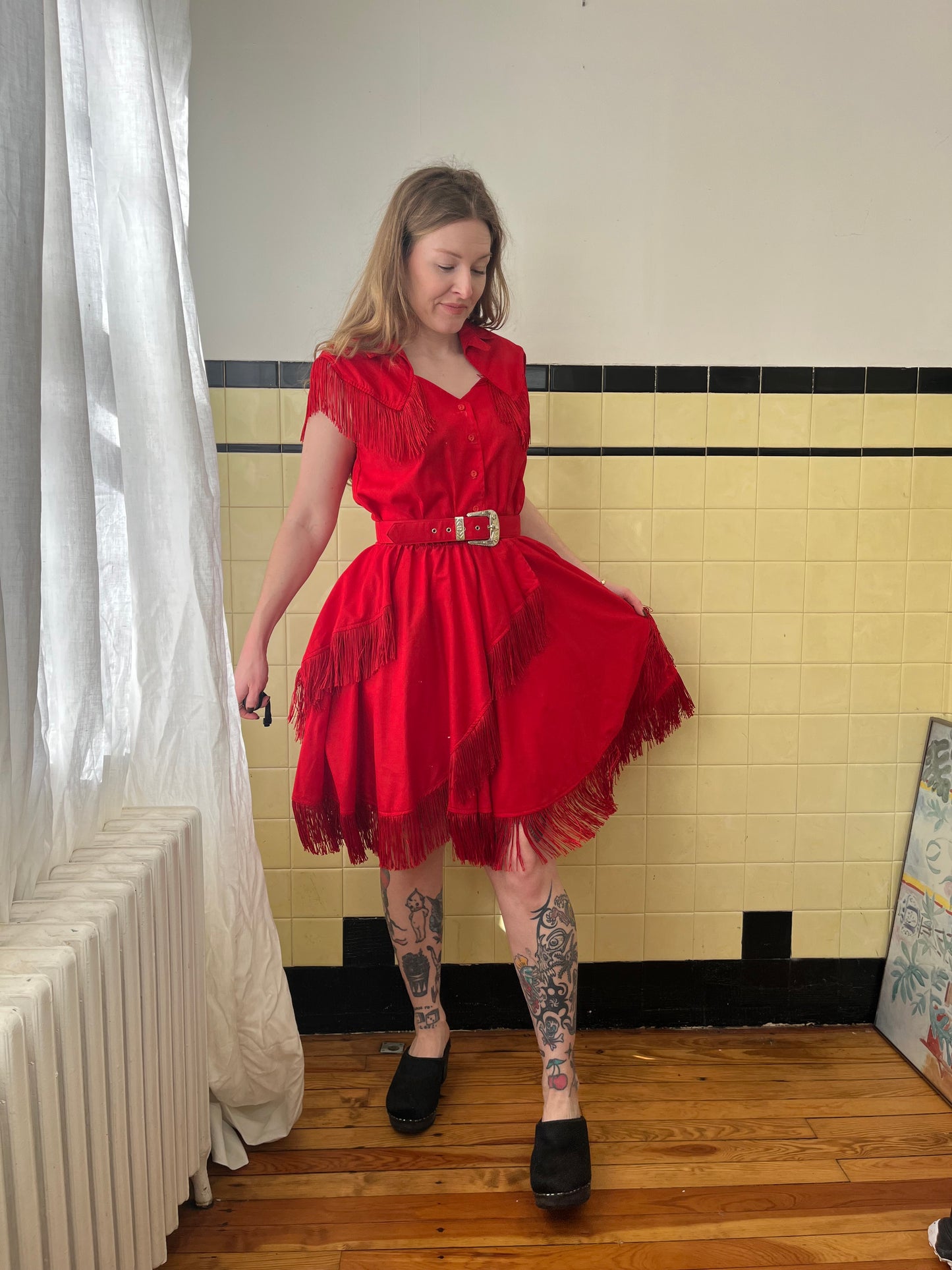 1980s Red Fringe Cowgirl Dress