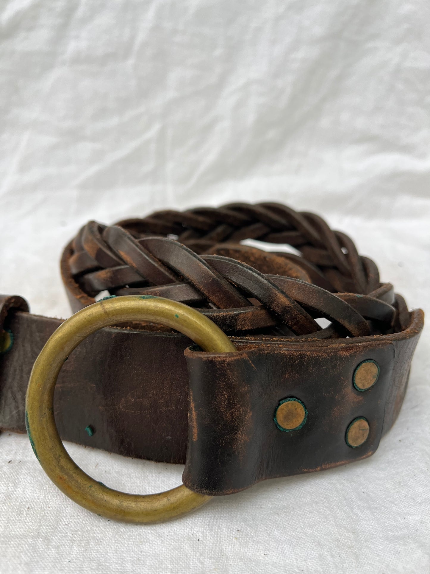 Double RL Ralph Lauren Brown Leather Braided Ring Belt 30”-40”