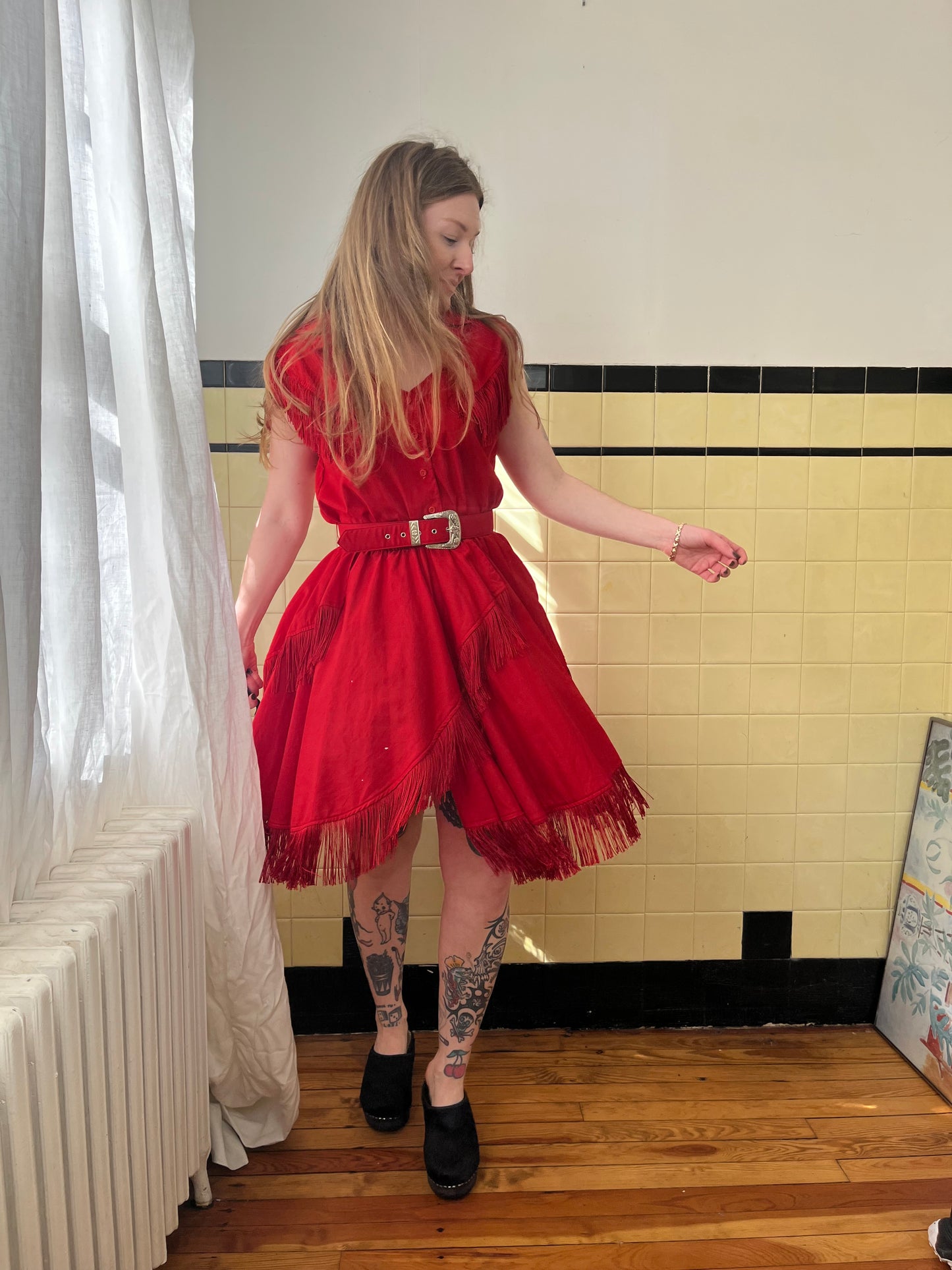 1980s Red Fringe Cowgirl Dress