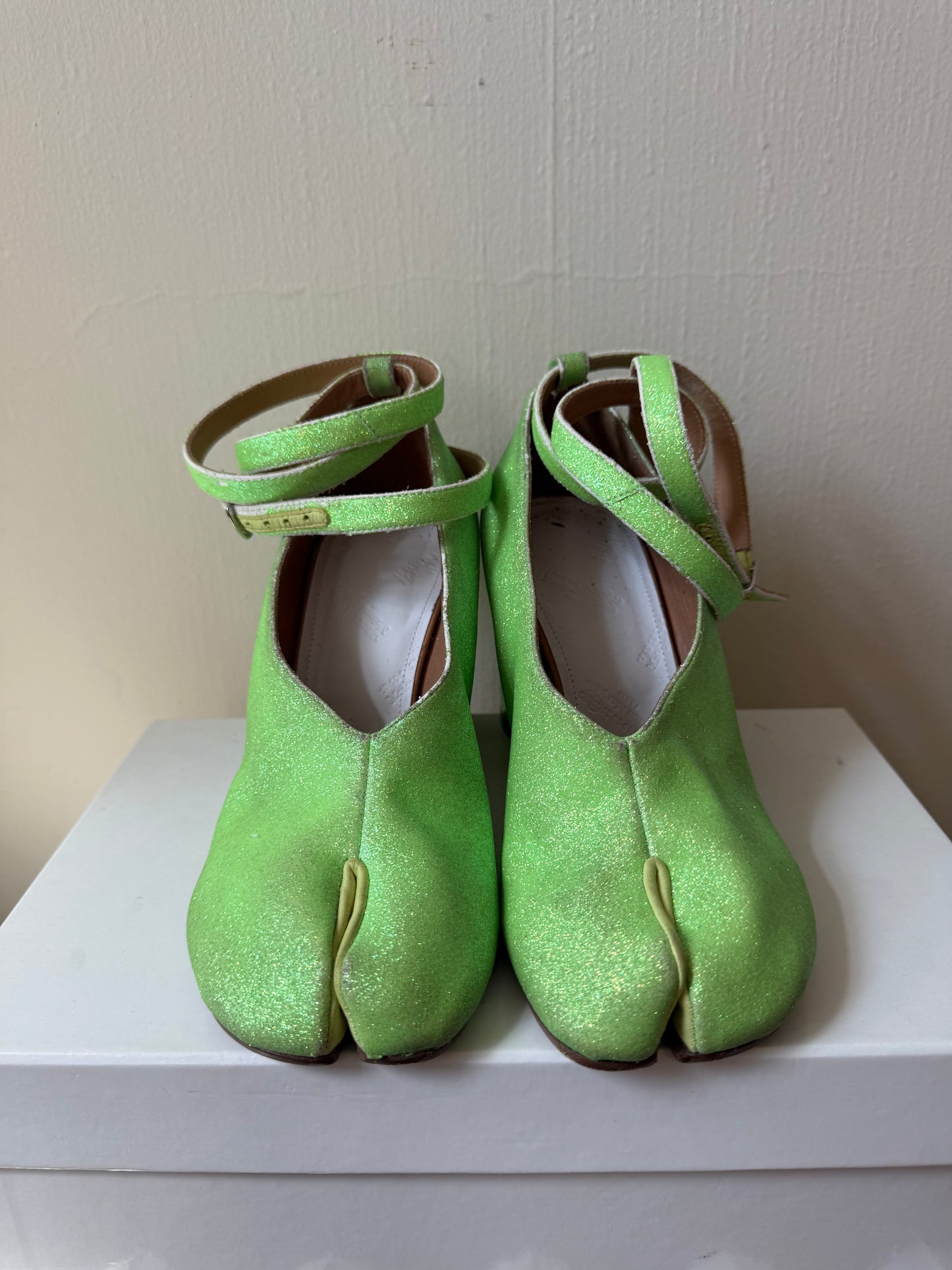 Maison Margiela Green Sparkly Dented Heel Lace Up Heels