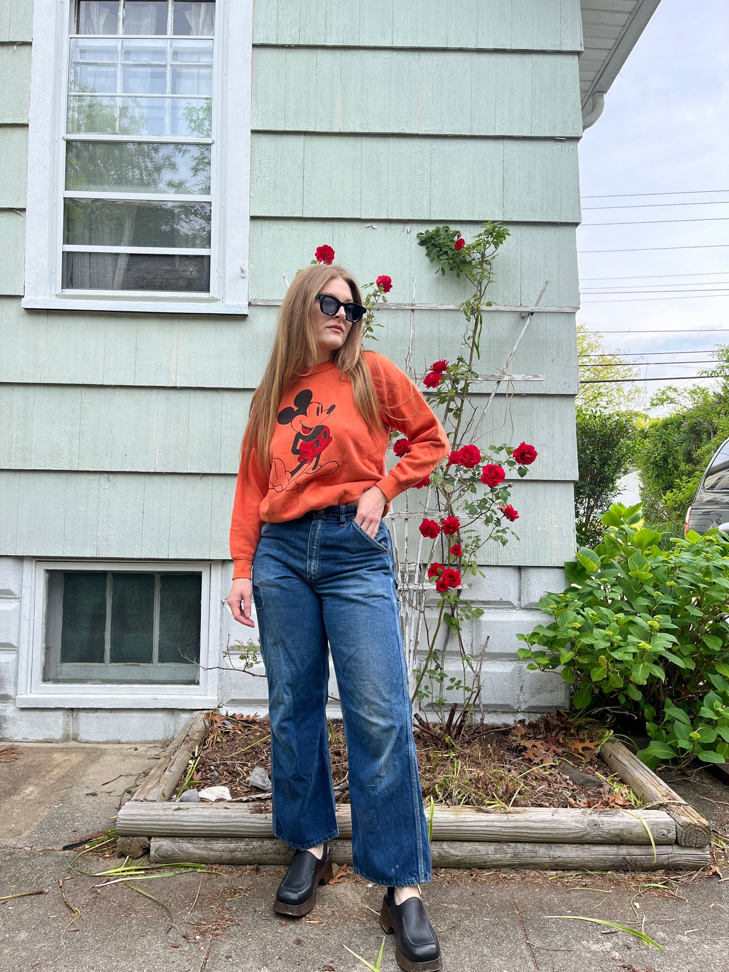 1960s 1970s Orange Mickey Crew Neck L