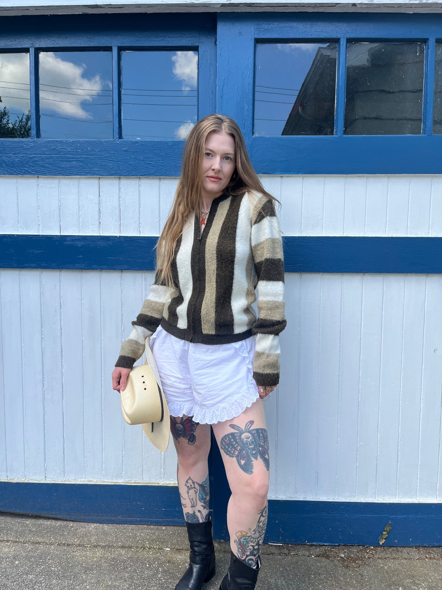Vintage 1960s Brown Thick Striped Zip Up Shaggy Sweater