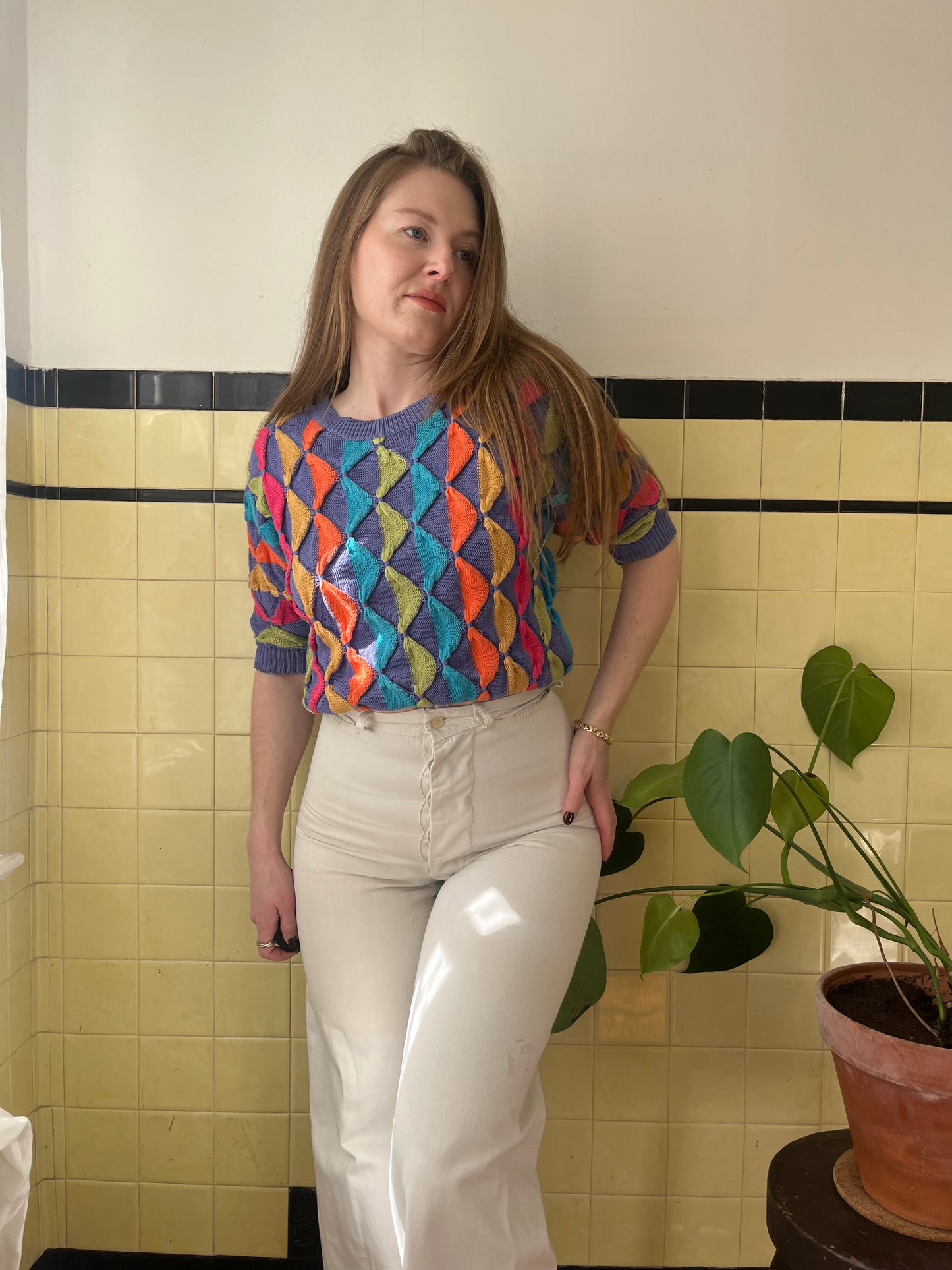1960's Gil Aimbez Multi Colored Knit Short Sleeve Sweater