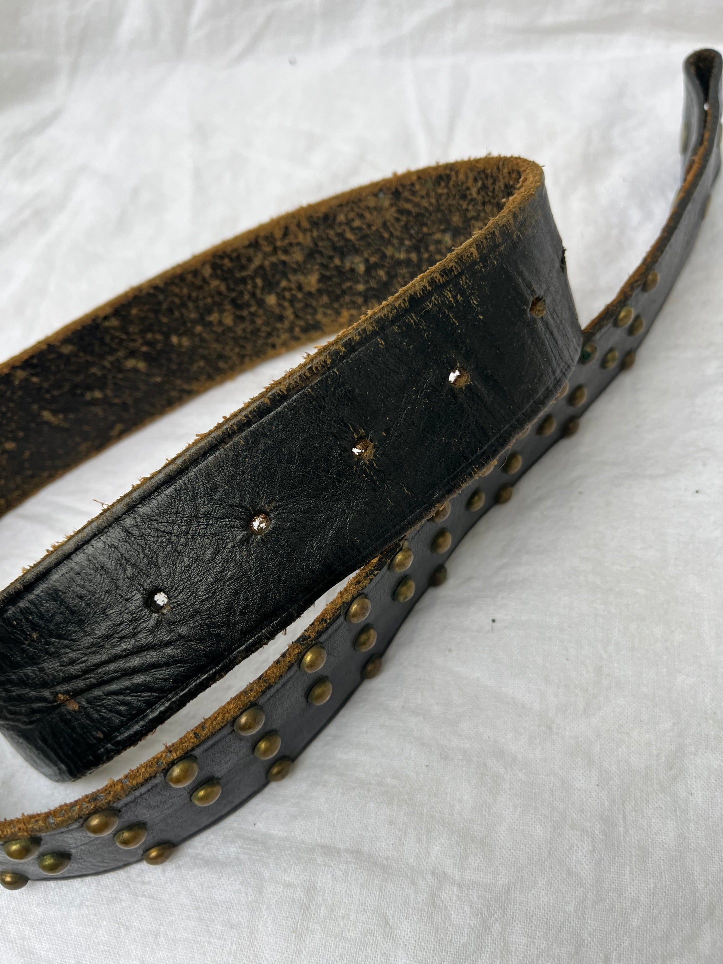 Black Leather Belt with Brass Studs 27”-32”