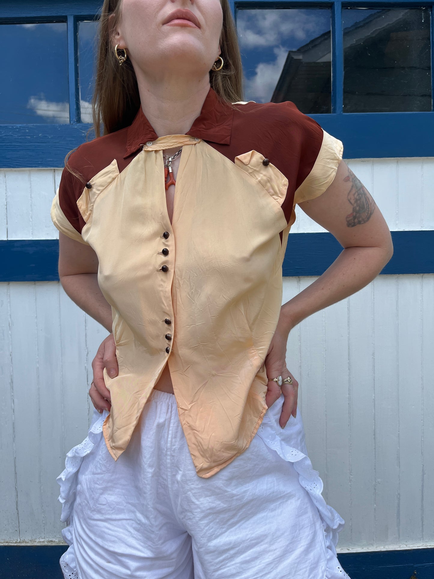Vintage 1930s 1940s Rayon Rust Brown Button Up Women's Blouse