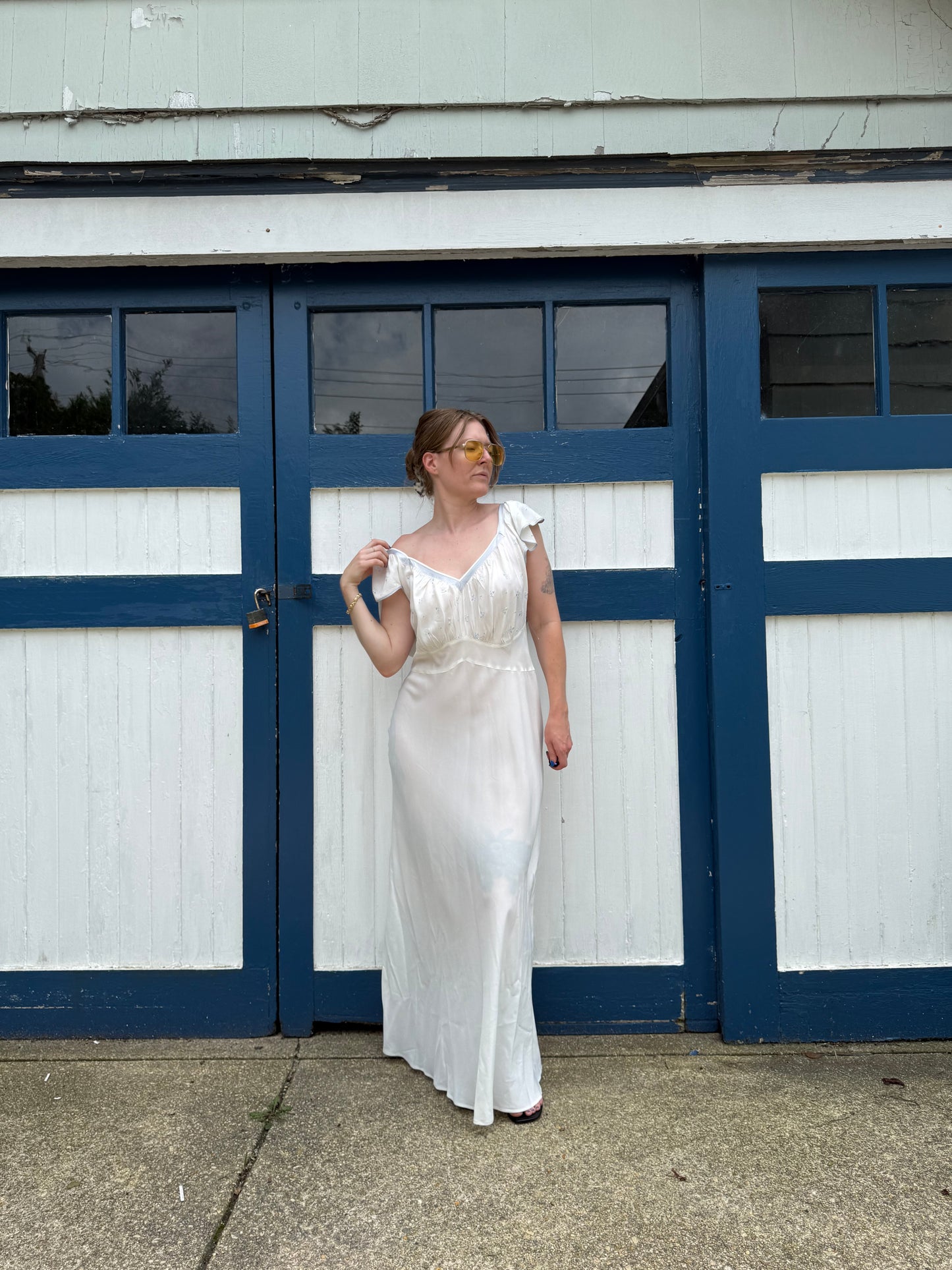 1940s 100% Rayon White & Light Blue Slip Dress L/XL