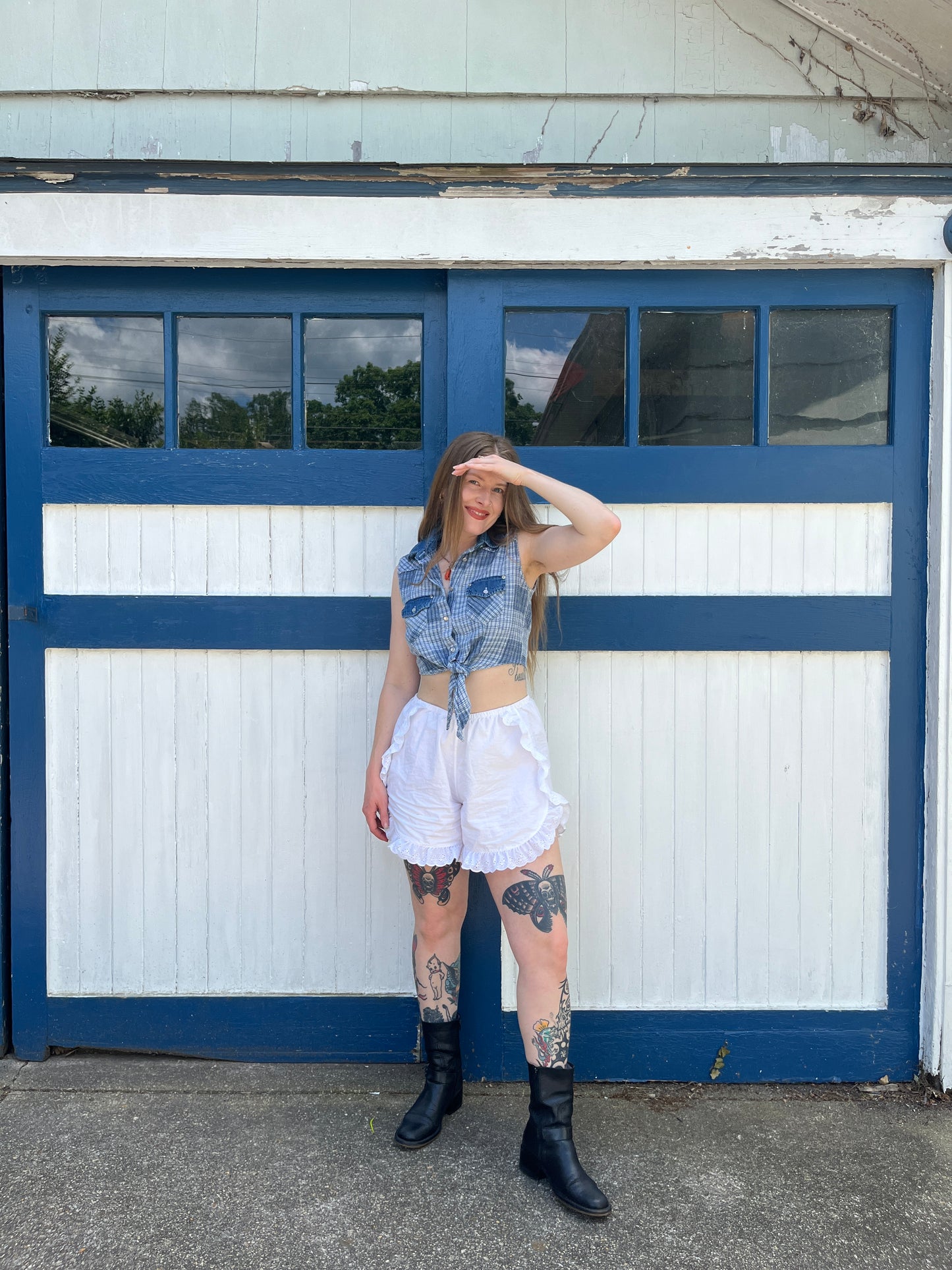 Vintage 1980s Western Wear Cropped Blue Plaid Tie Up Blouse
