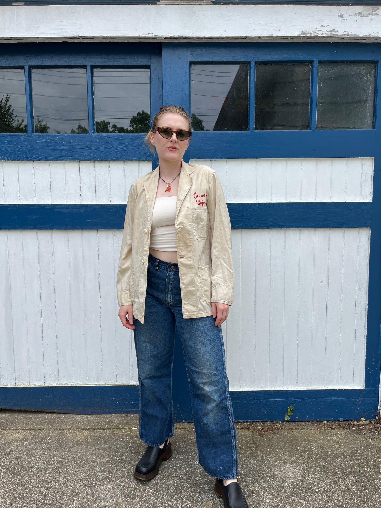 Antique 1930s Linen Button Up Jacket Chainstitched