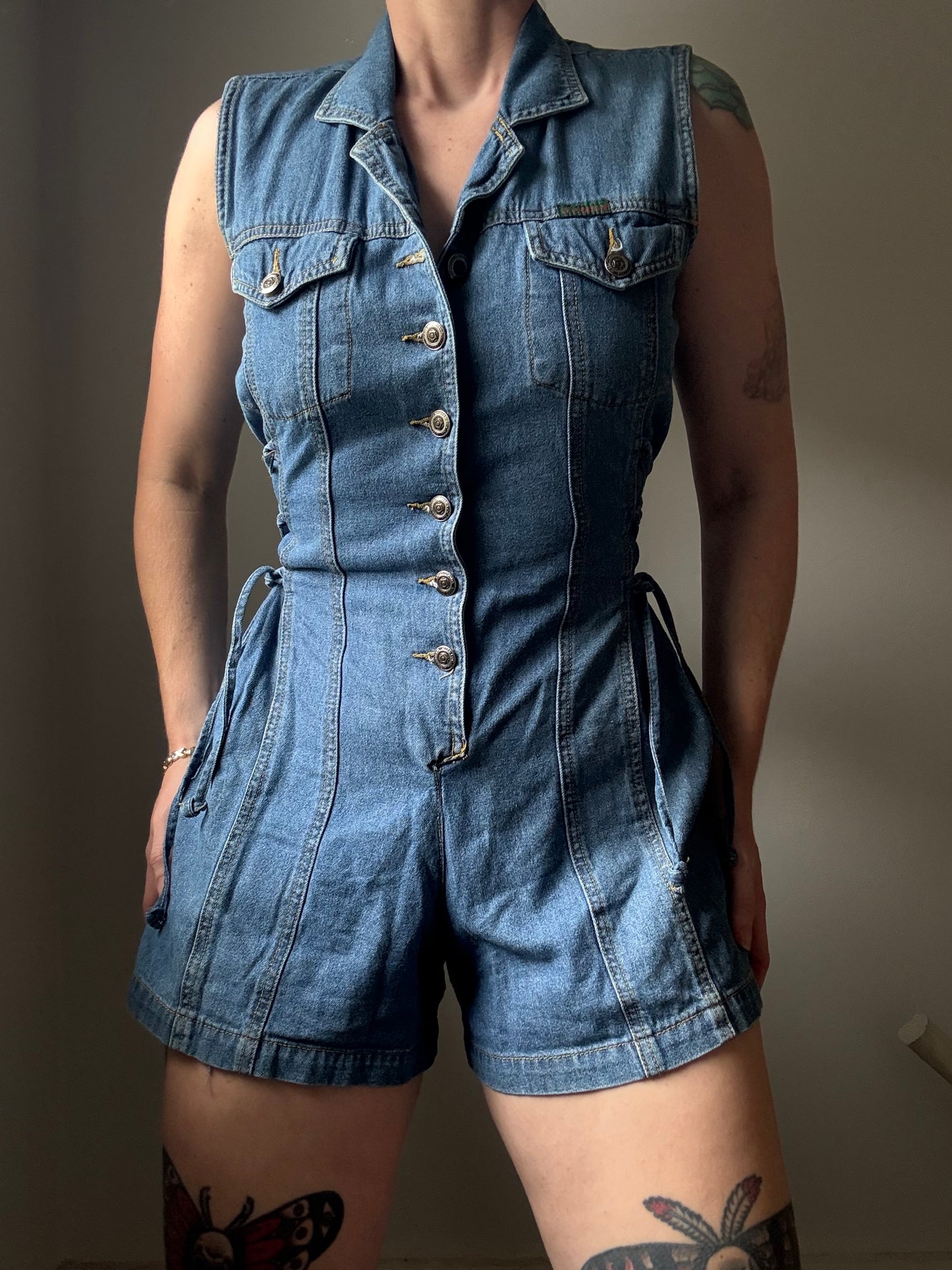1990s Denim Romper with Corset Sides