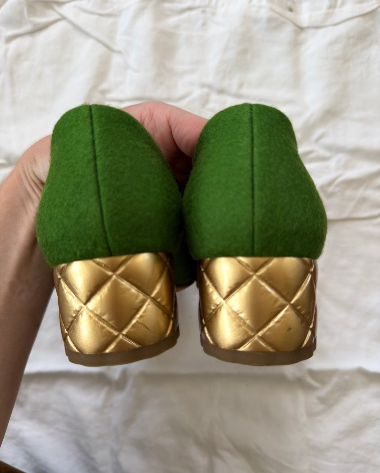 Kelly Green Chanel Camelia Felted Pumps 38C