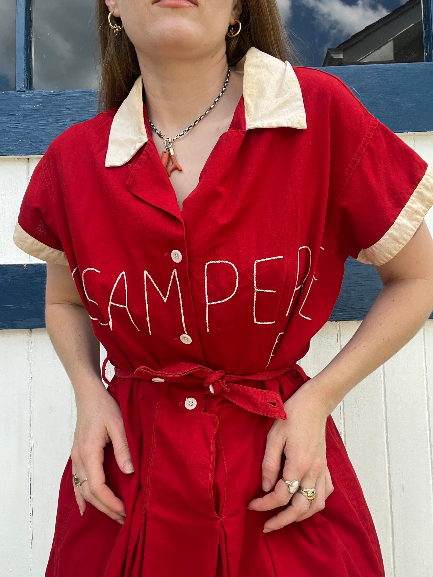 Vintage 1940s Red Cotton Embroidered Gym Romper with Shorts XL