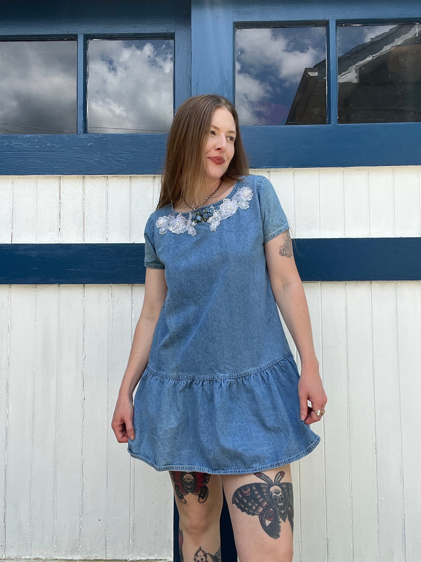 Vintage 1980s Babydoll Denim Dress with Lace