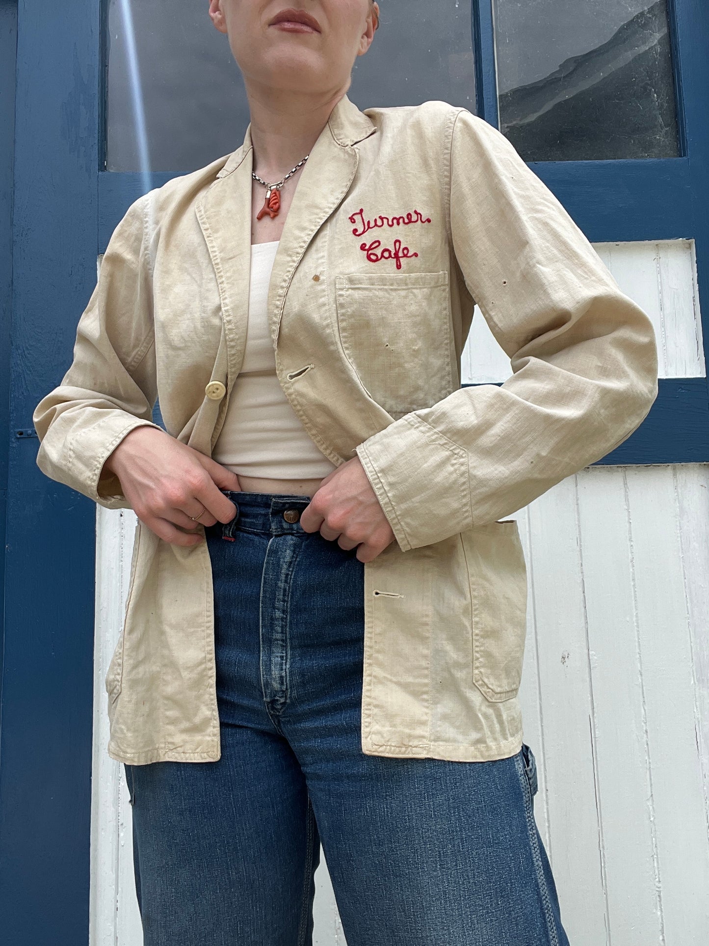 Antique 1930s Linen Button Up Jacket Chainstitched