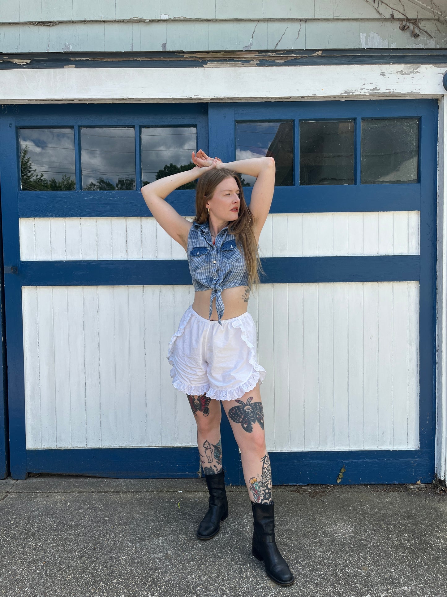 Vintage 1980s Western Wear Cropped Blue Plaid Tie Up Blouse