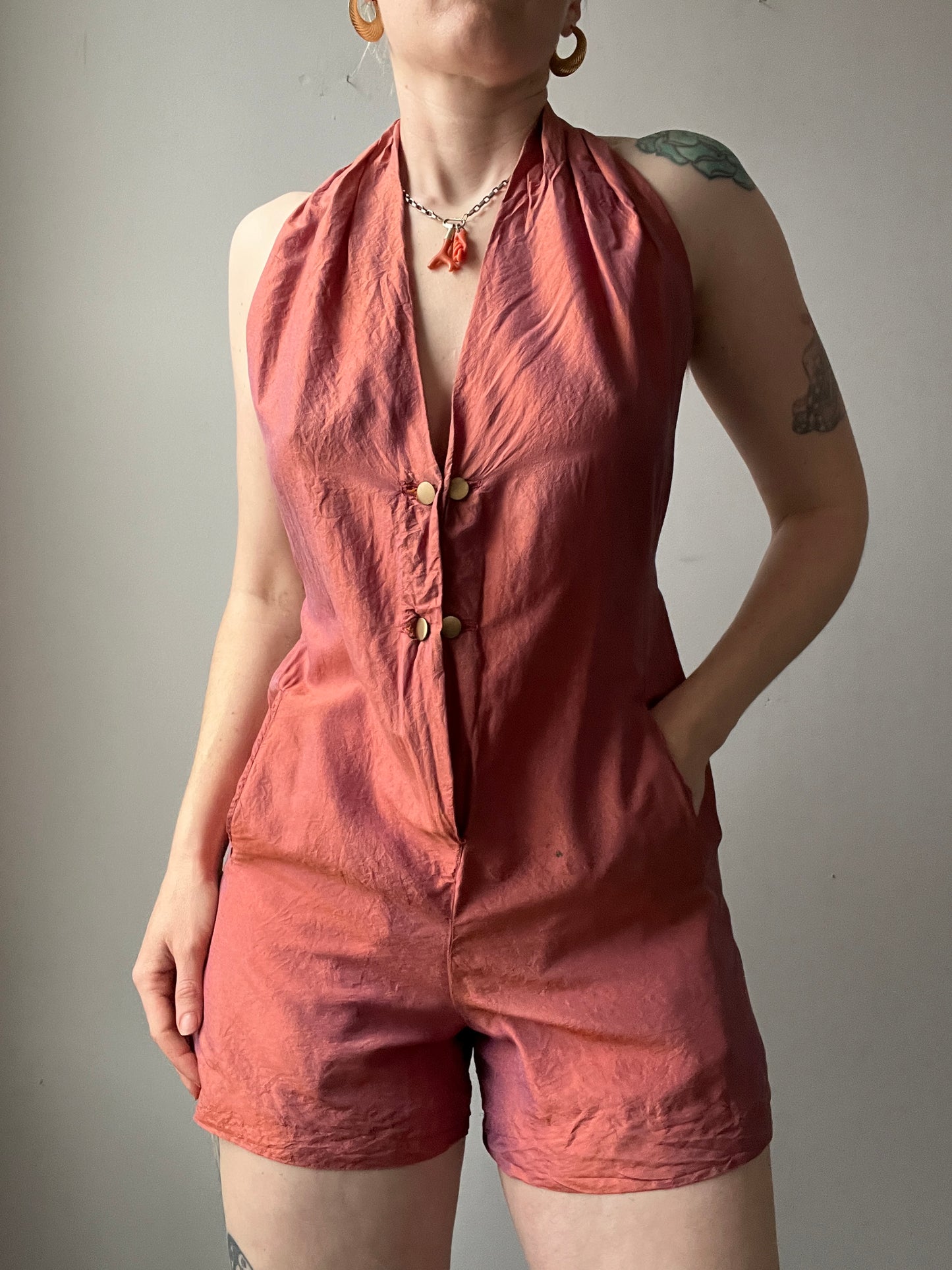 1980s Rayon or Silk Shamask Iridescent Romper