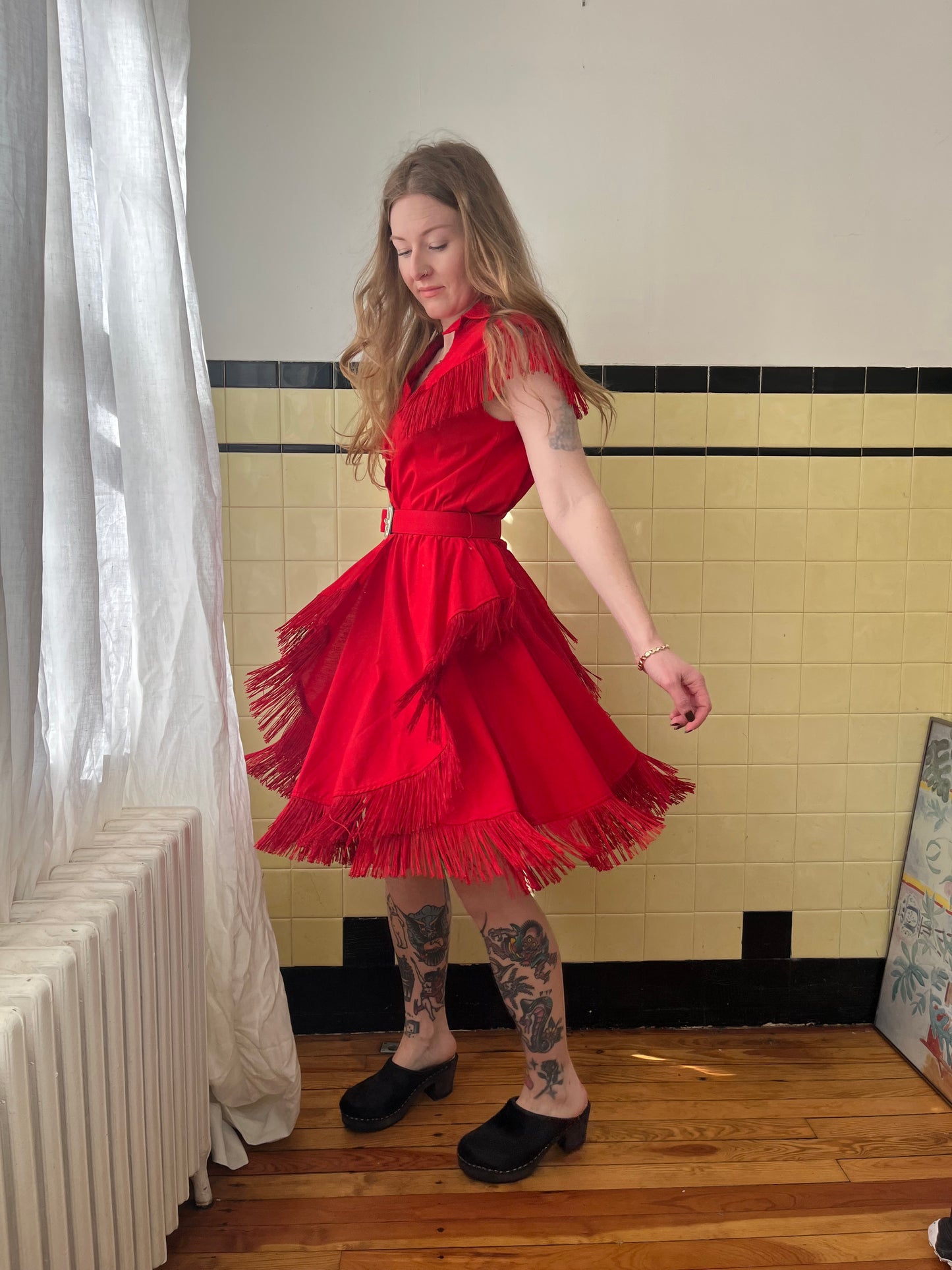1980s Red Fringe Cowgirl Dress