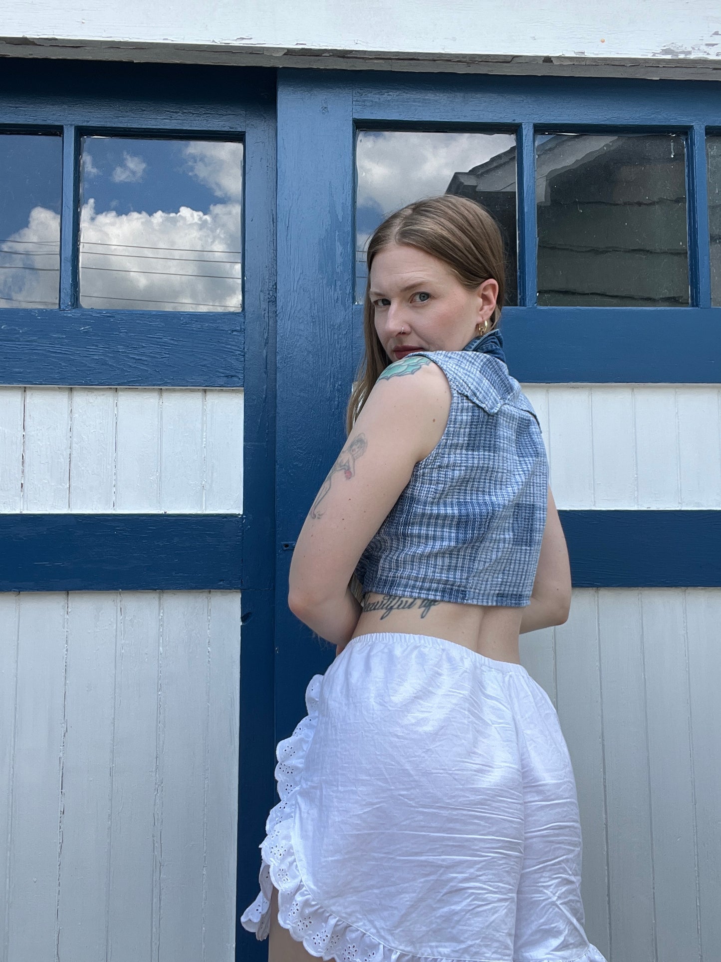Vintage 1980s Western Wear Cropped Blue Plaid Tie Up Blouse