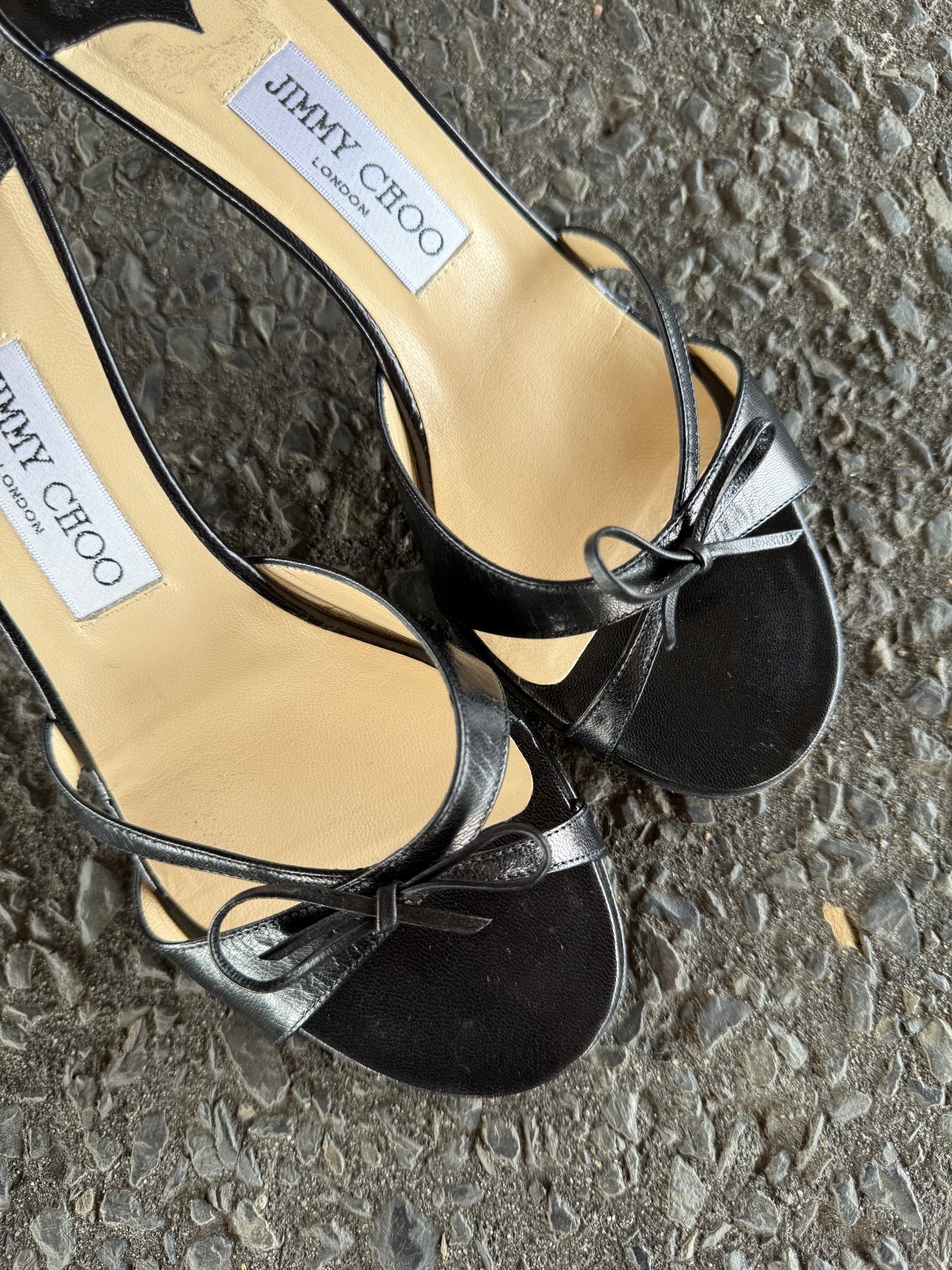 Jimmy Choo Black Leather Kitten Heels with Bow 37.5 & Silk and Wooden Vintage Heels 9