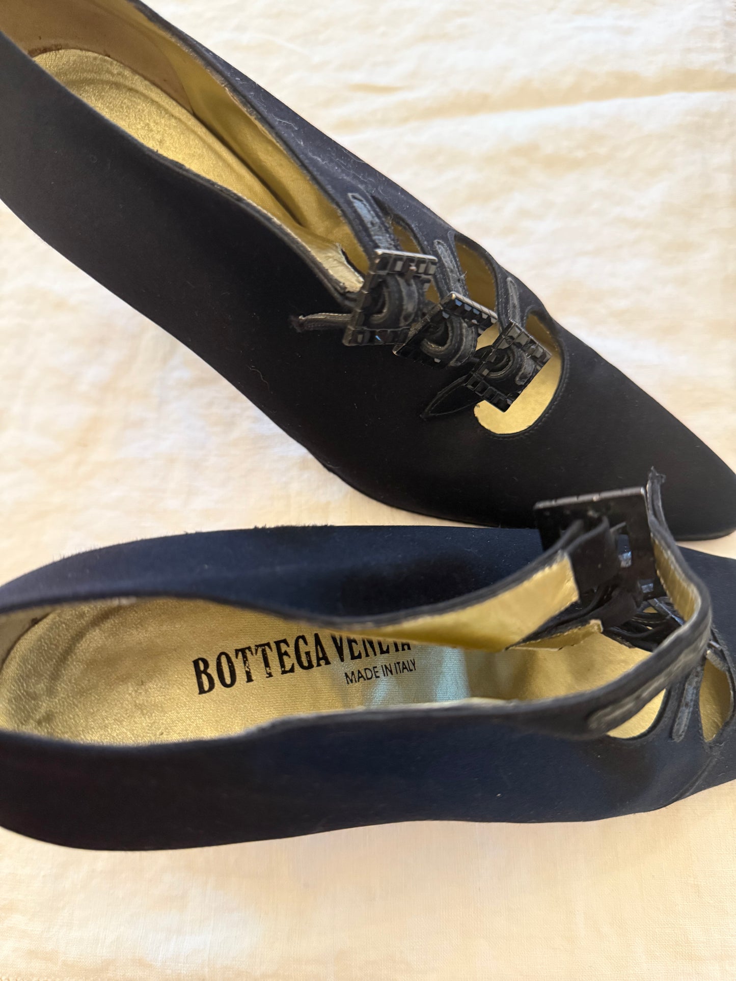 1980s Bottega Veneta Black Silk Pumps 7.5