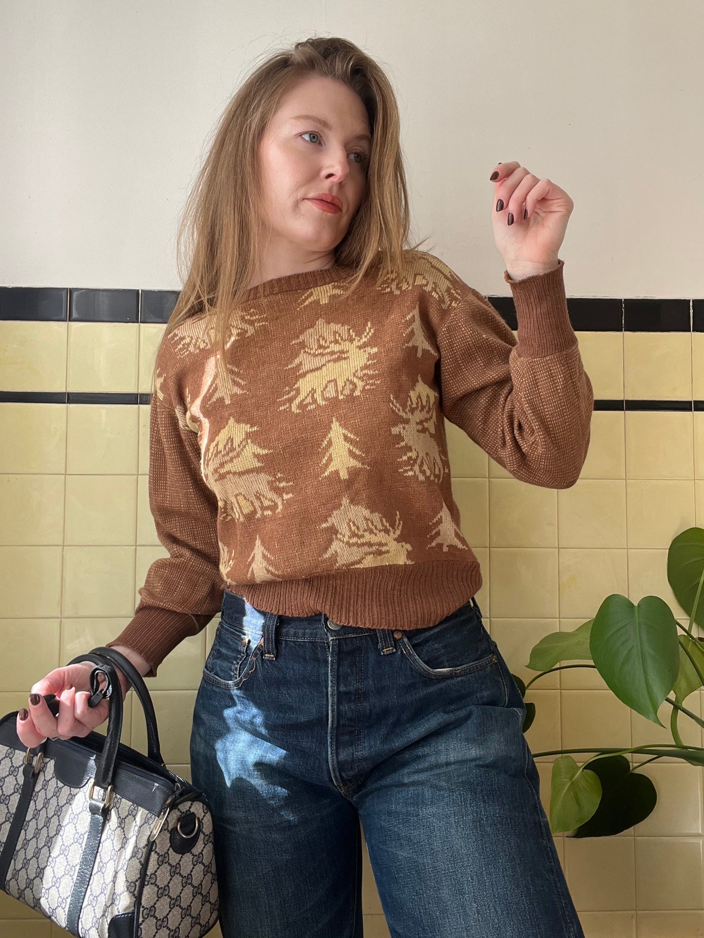 1960's Brown Deer and Tree Knit Sweater