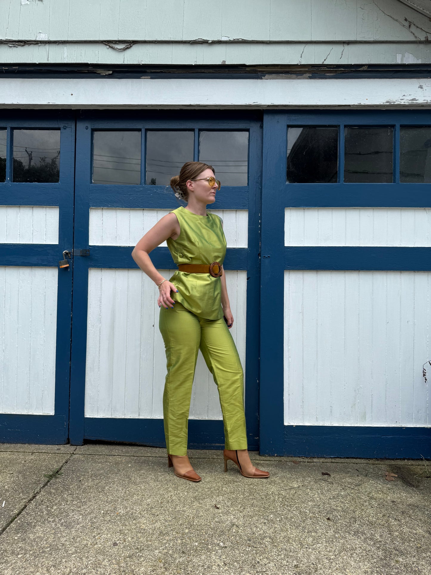 100% Silk Green 2 Piece Set 1990s