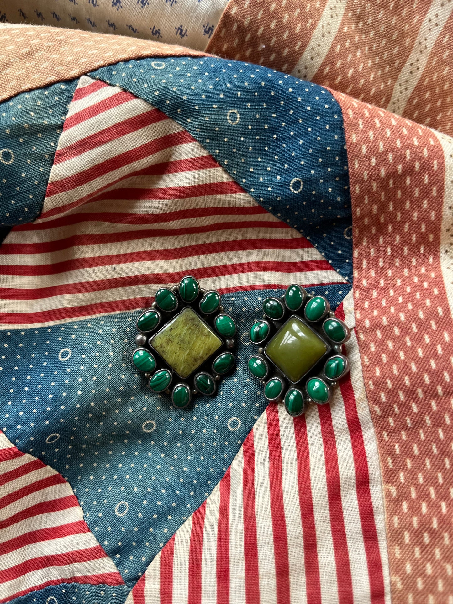 Vintage Malachite & Turquoise Silver Earrings