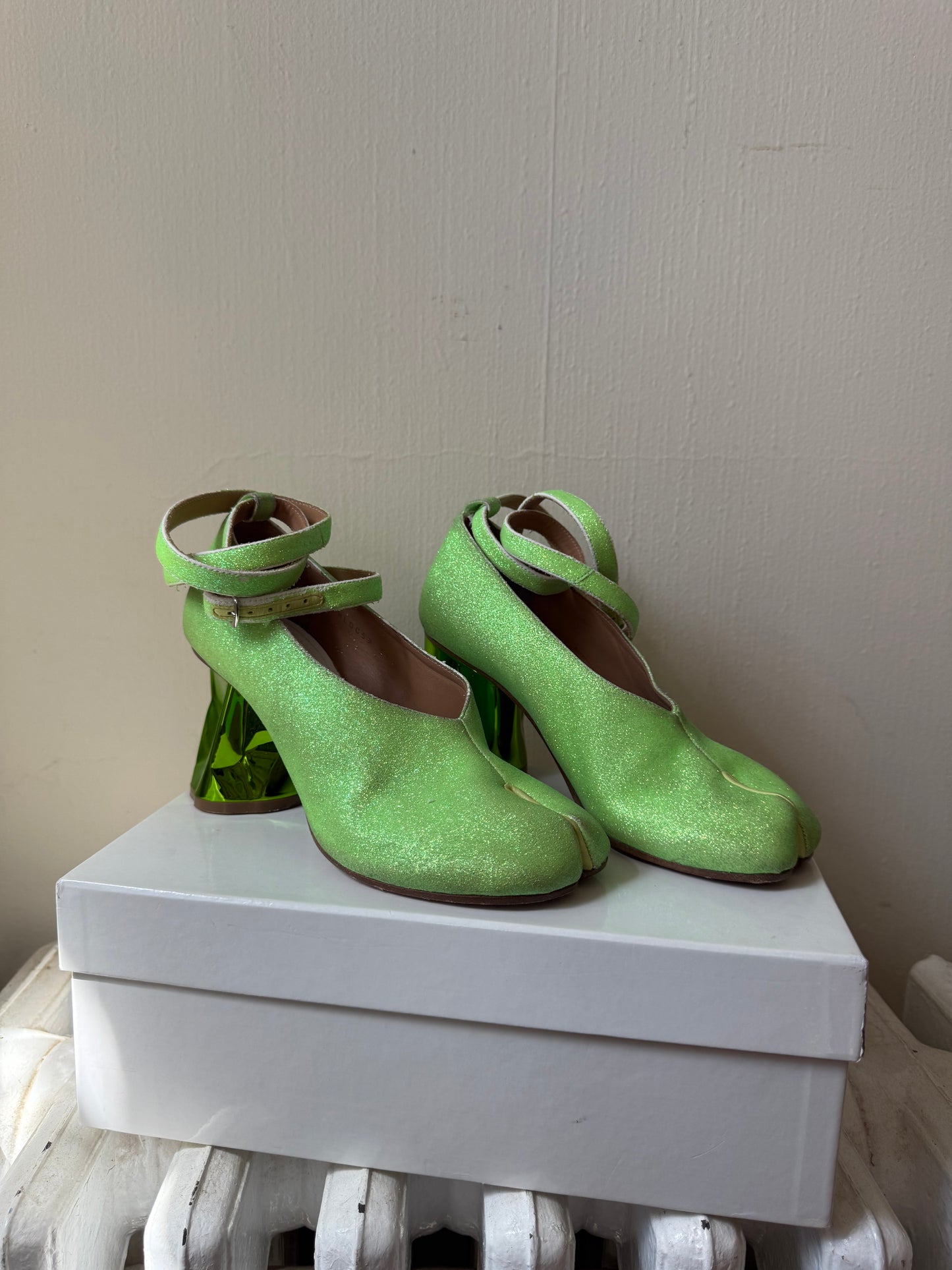 Maison Margiela Green Sparkly Dented Heel Lace Up Heels