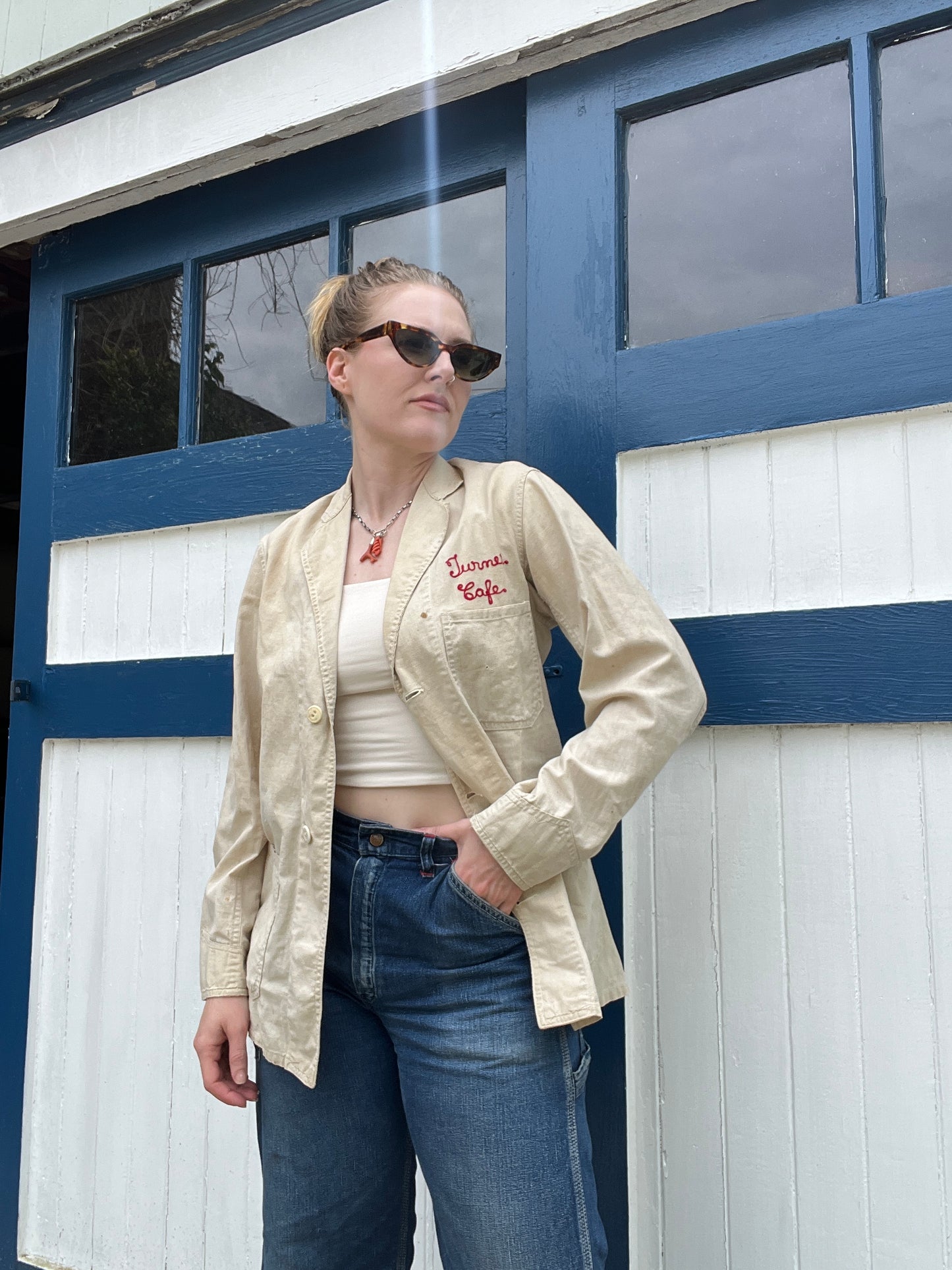 Antique 1930s Linen Button Up Jacket Chainstitched