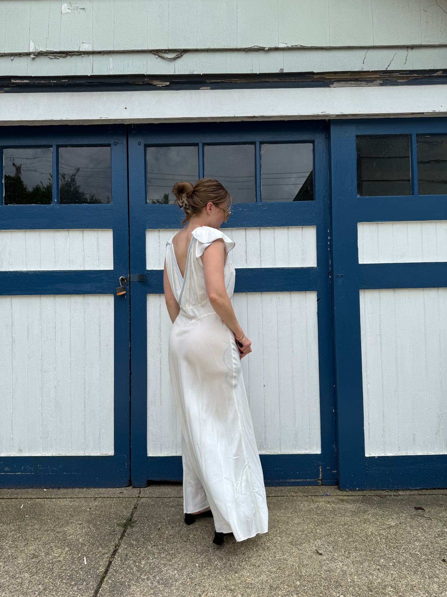 1940s 100% Rayon White & Light Blue Slip Dress L/XL
