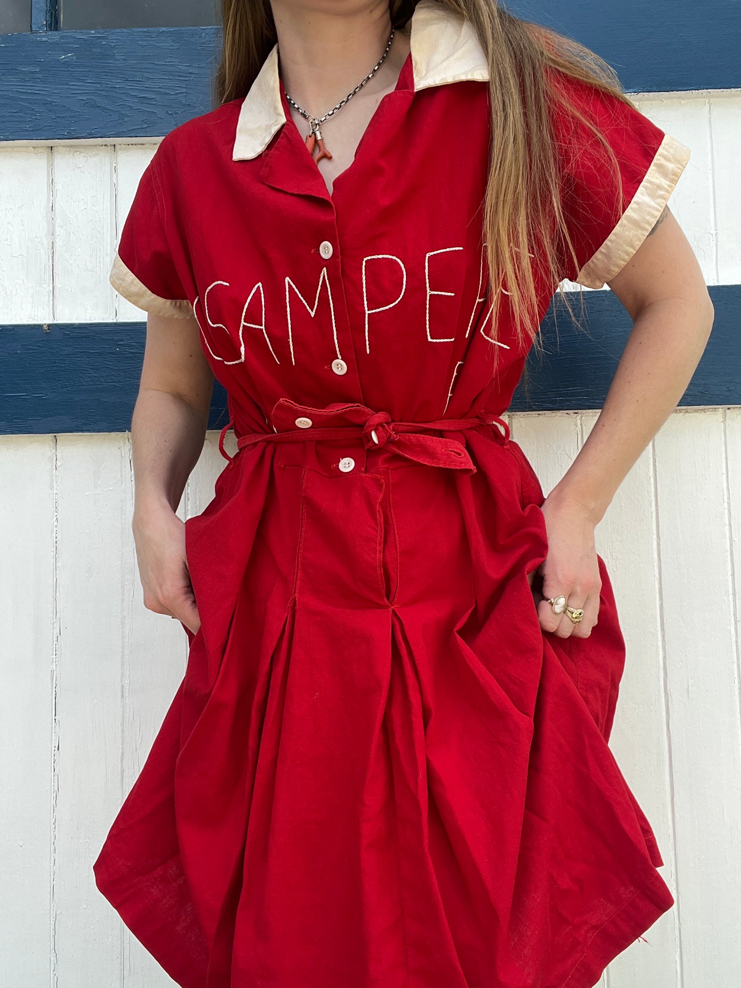 Vintage 1940s Red Cotton Embroidered Gym Romper with Shorts XL